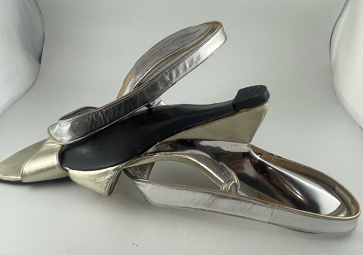 Vintage Charles Jourdan Silver Cantilever Metalic shoes Meteor Sling Back