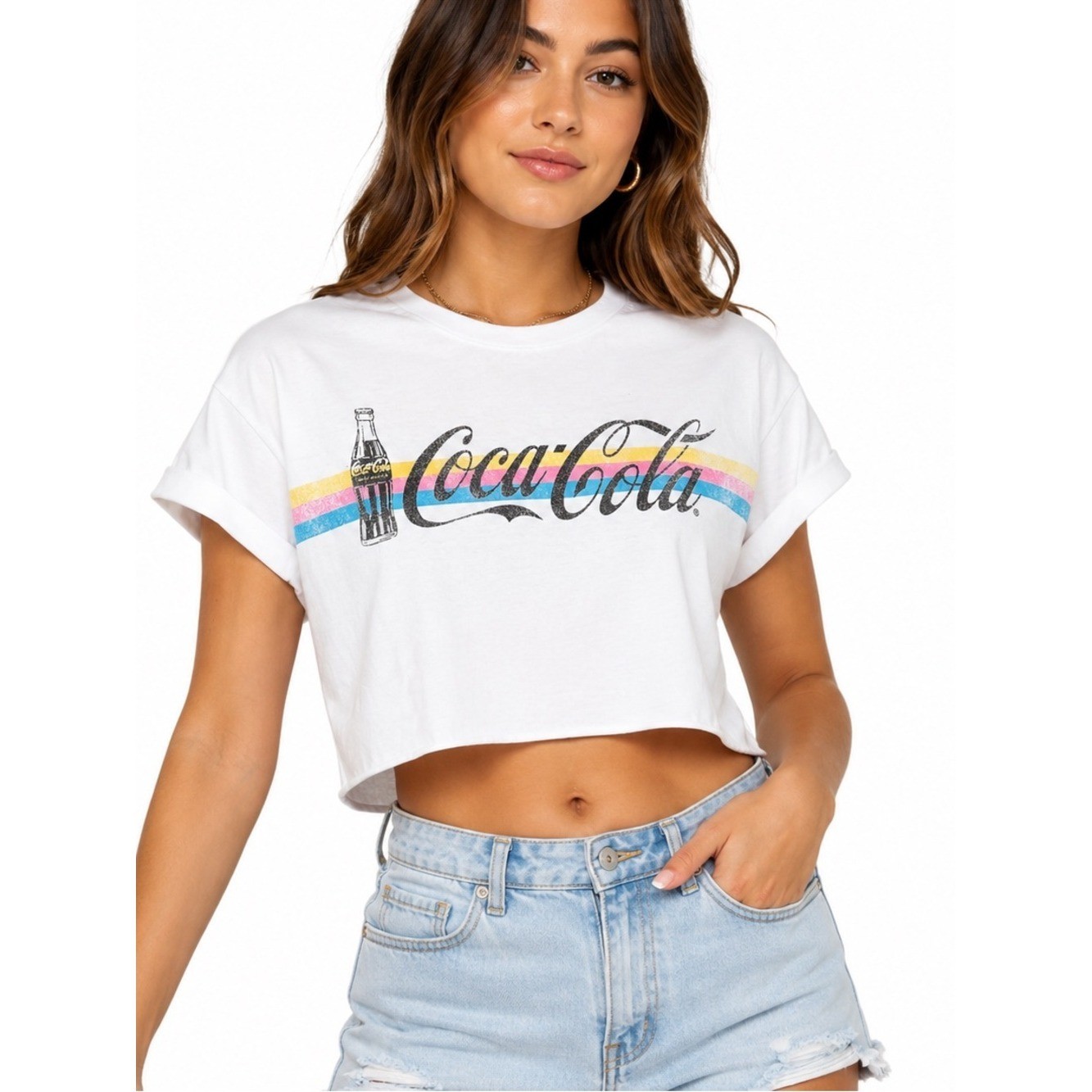 Coca-Cola White Graphic Tee with Retro Stripes Large