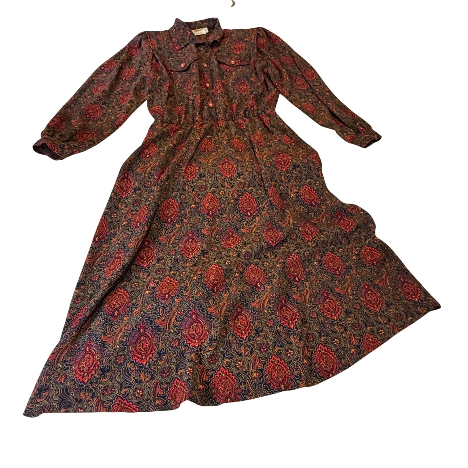 Vintage 70s Paisley Midi Dress Size 16 Made in Canada Boho Long Sleeve