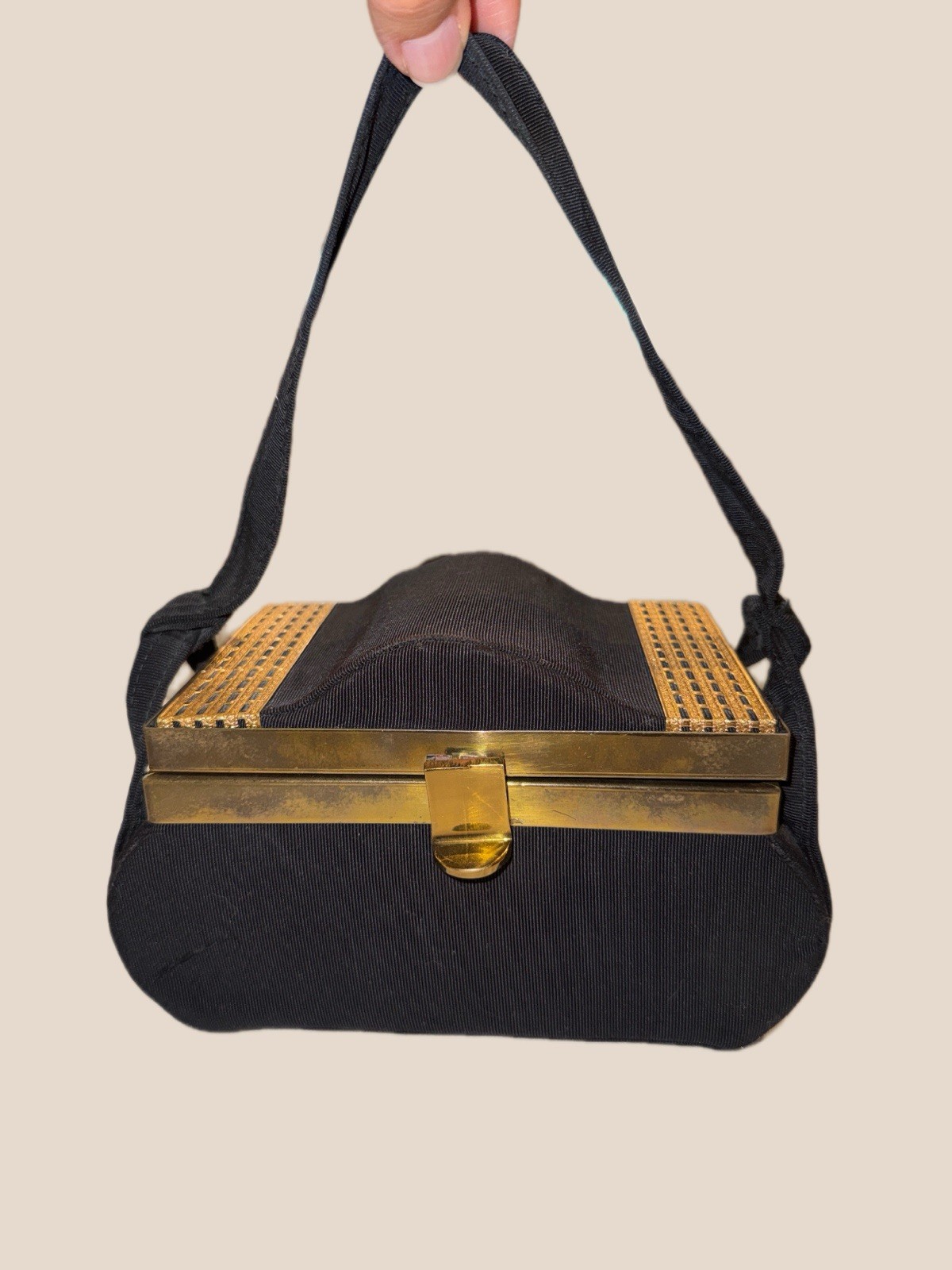 Vintage 1950s Lee Fran Pyramid Box Purse Black Ribbed Faille Evening Bag Mirror