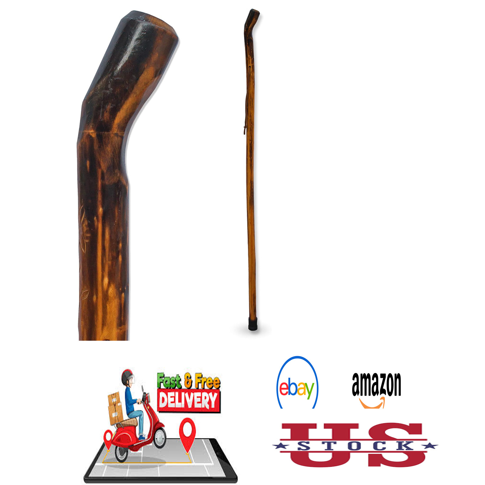 Wooden Walking Stick with Leather Wrist Strap Natural Handcrafted Outdoor