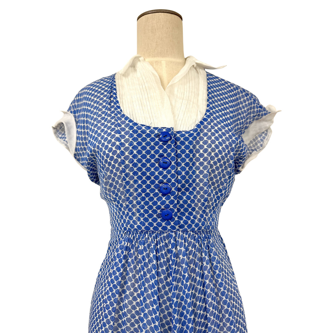 Vintage 1940s Blue & White Printed Semi Sheer A-line Day Dress