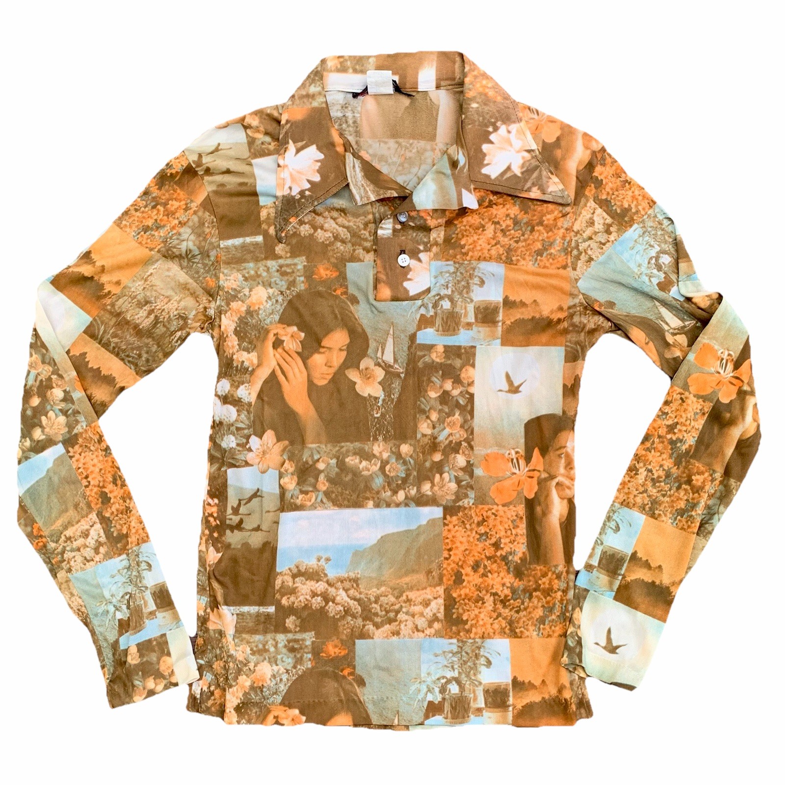 Vtg 70s Hawaiian Themed All-Over Print Shirt Lrg LS 2 Button Disco Acetate/Rayon