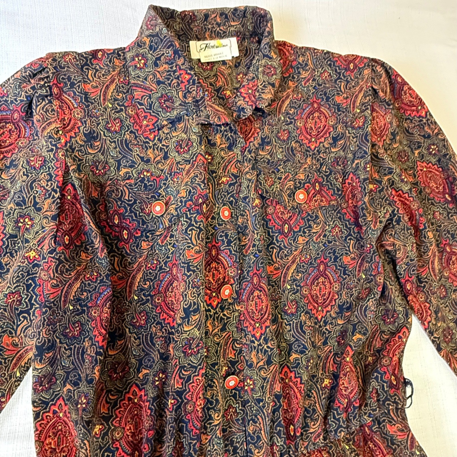Vintage 70s Paisley Midi Dress Size 16 Made in Canada Boho Long Sleeve