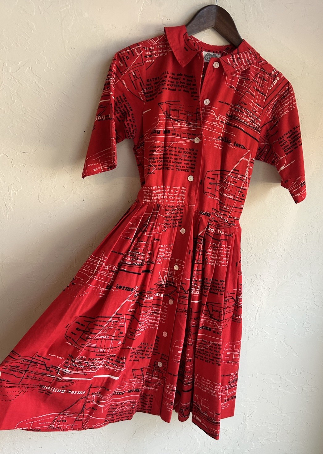 Vintage 60s Rare Villager Nautical Sailboat Blueprint Novelty Shirtwaist Dress 8