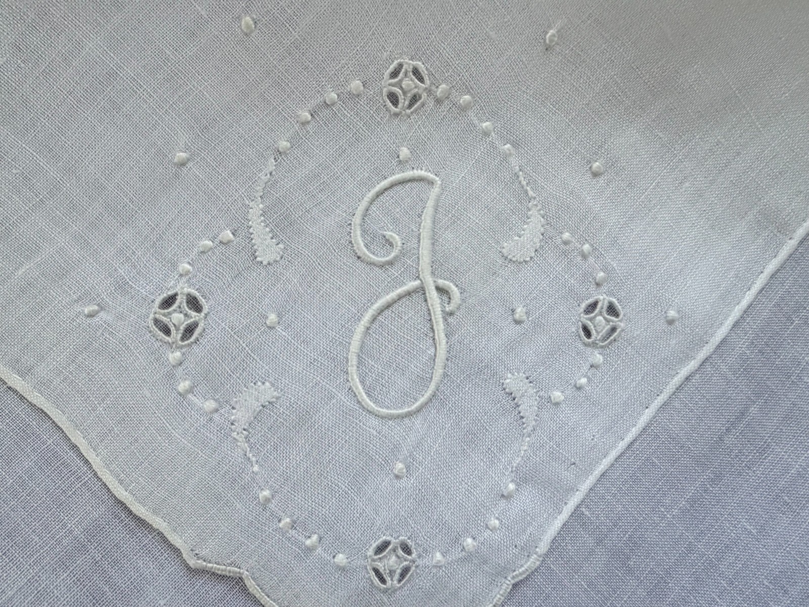 VINTAGE HANKY 1950s MONOGRAM INITIAL J EMBROIDERED CUTWORK LINEN NEW DESCO TAG