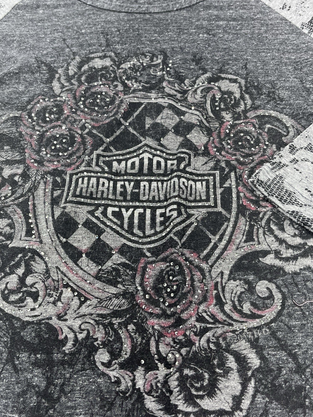 Y2K Harley-Davidson Women’s 3/4 Sleeve Top XL Gray Lace Floral Bling