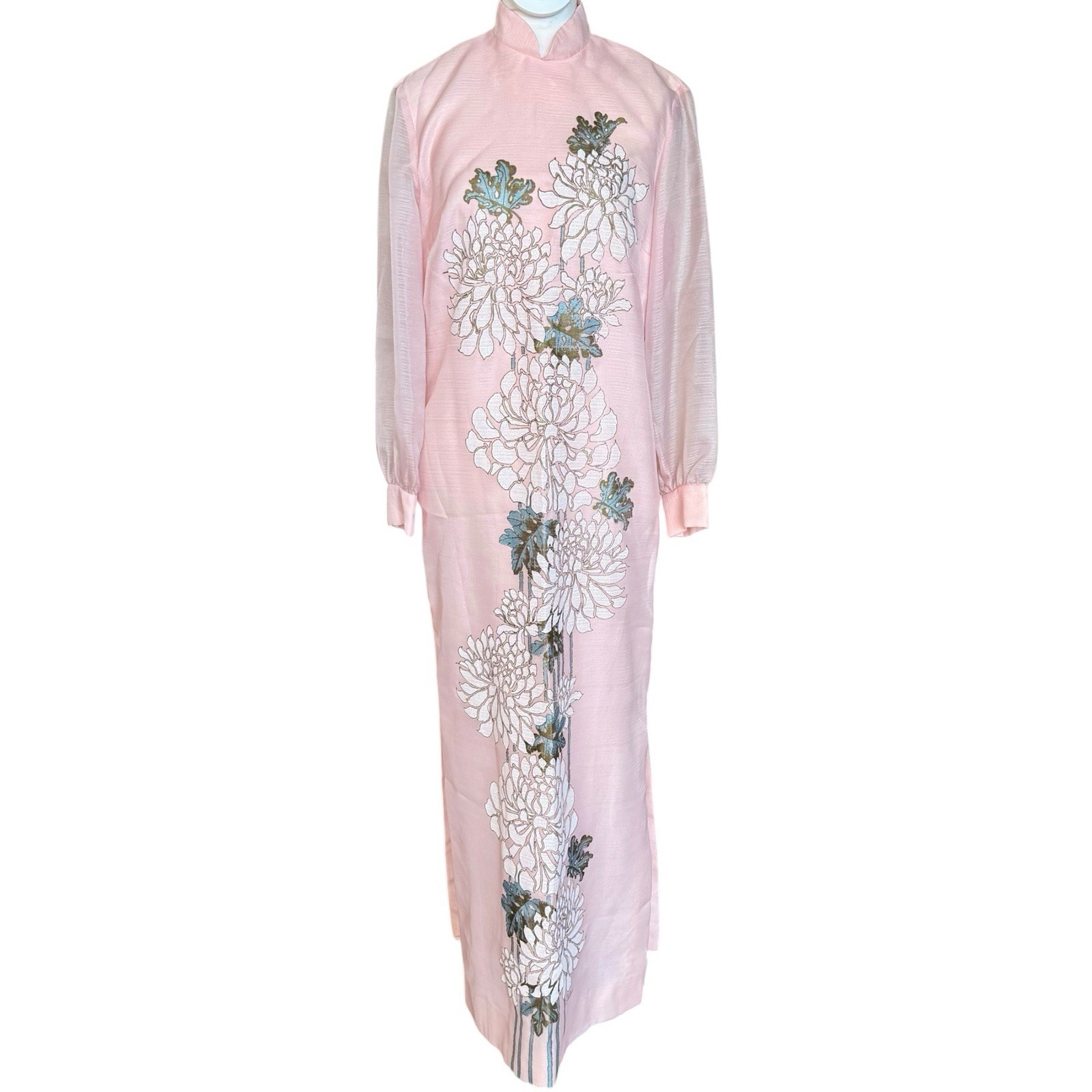 VTG 1970s Alfred Shaheen Hawaiian Maxi Floral Dress Tafetta Long Sleeve Mod