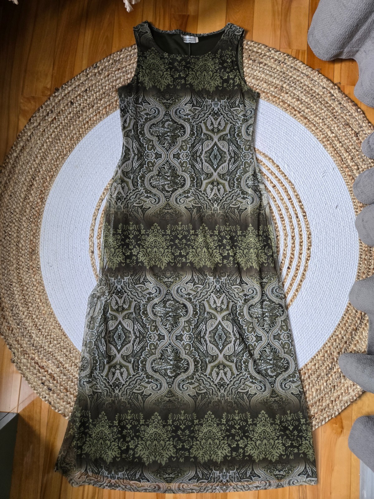 Vintage 90s Sleeveless Olive Green Printed Maxi Dress Mesh Whimsigoth Grunge