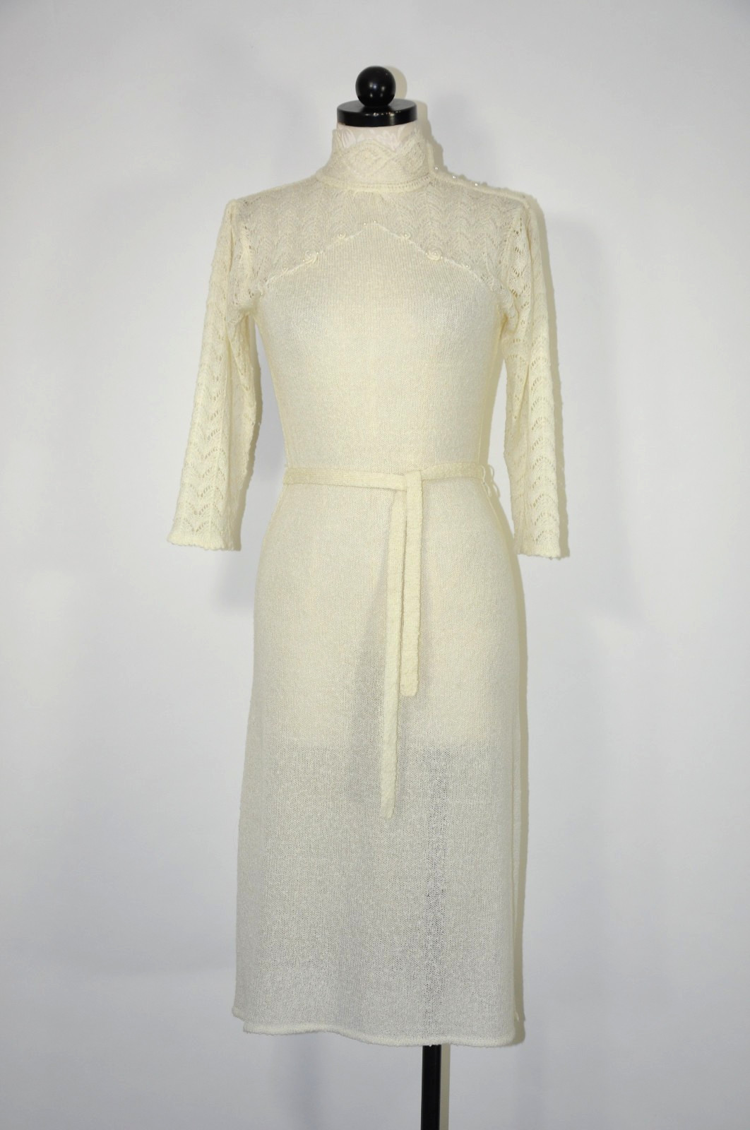 70s Vintage Cream Off White Pointelle Knit High Neck Pearl Sweater Dress Women M