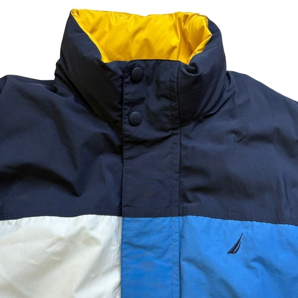 Nautica Sailing Puffer Jacket Vintage Reversible Blue Color Block Yellow 2XL 90s