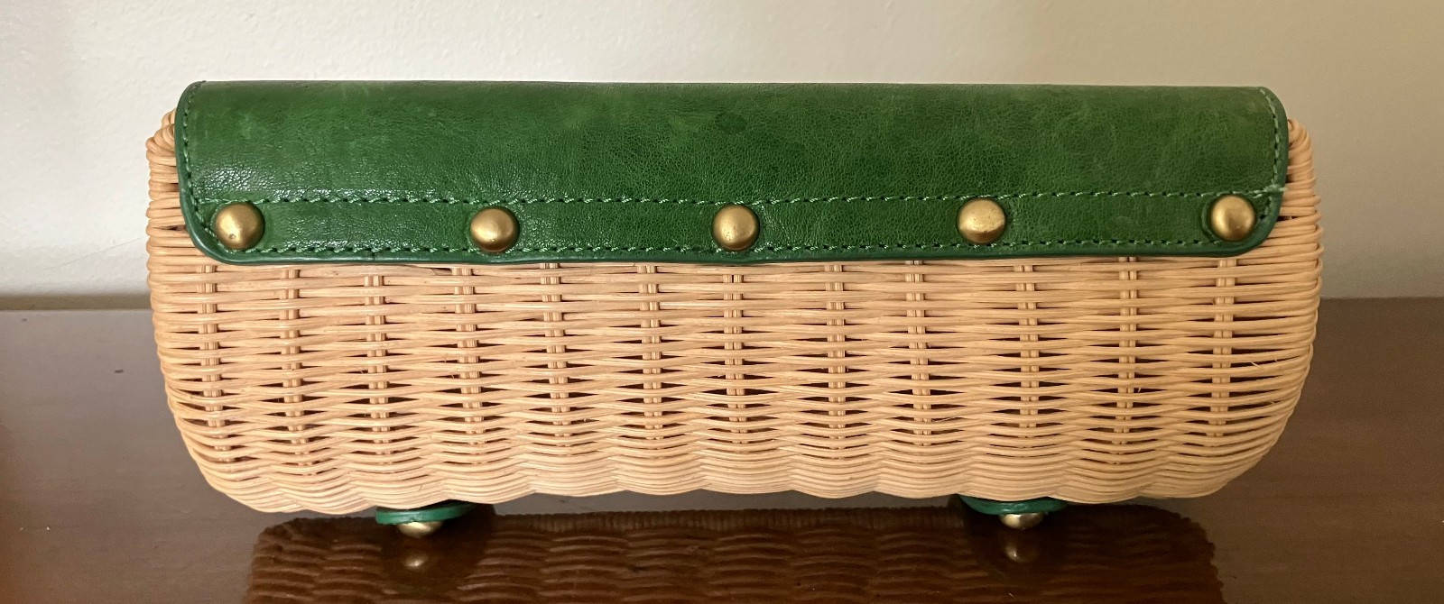 RARE Clutch Hand Bag Vintage Purse Gorgeous Green Leather Trim NOS Made in China