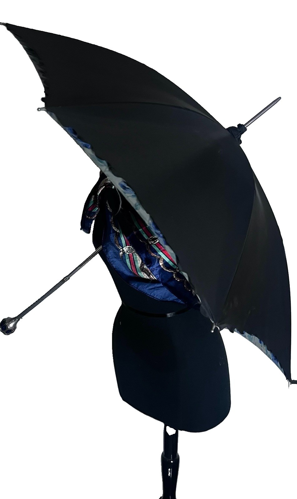 Vintage Jeweled Silver Tone Handle Umbrella Blue Rose Lining Victorian Style