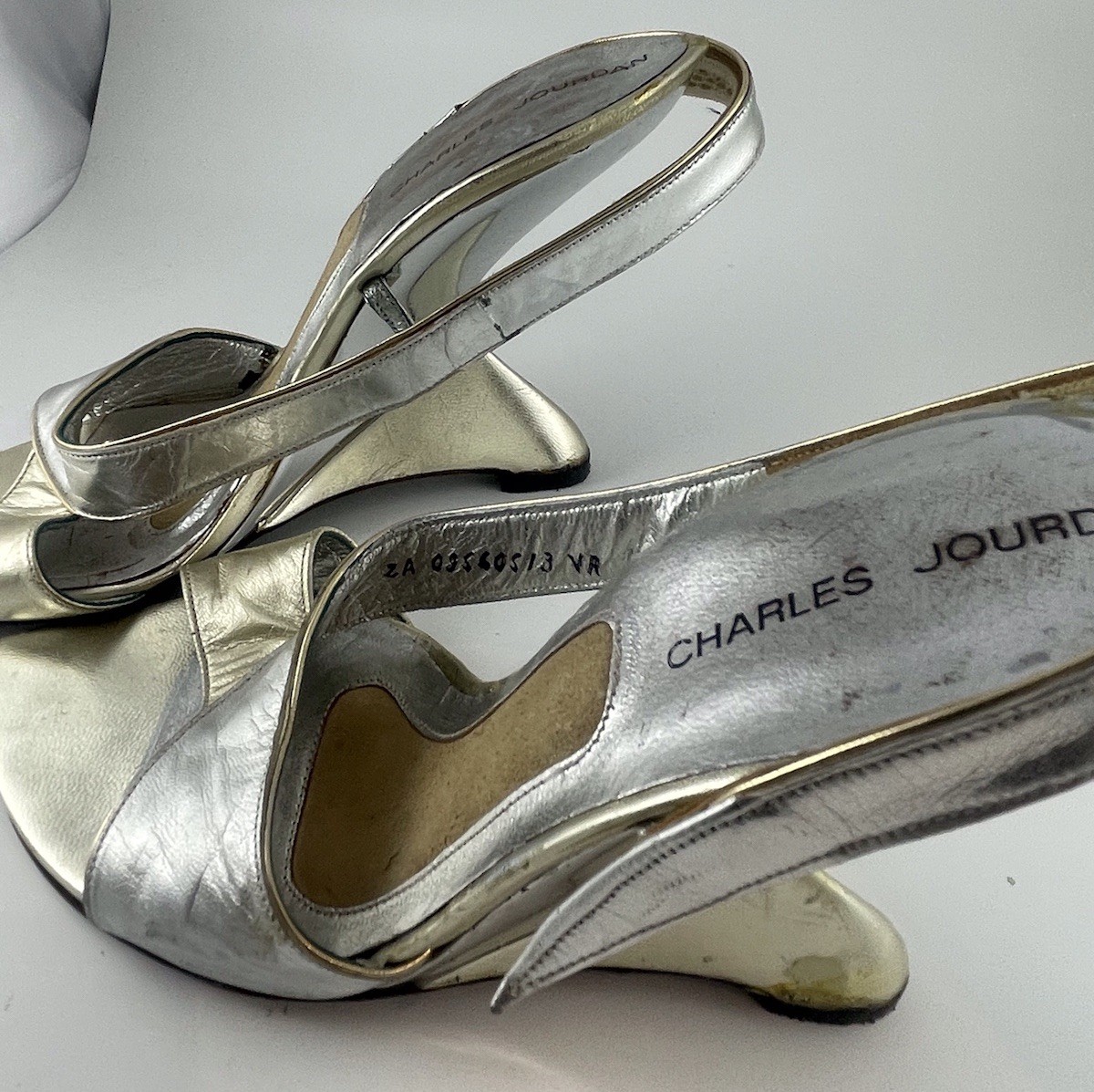 Vintage Charles Jourdan Silver Cantilever Metalic shoes Meteor Sling Back