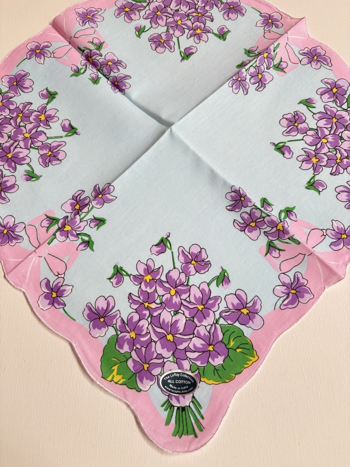 Beautiful New LuRay VIOLET Bouquet Handkerchief Hankie With Lovely Pink Border