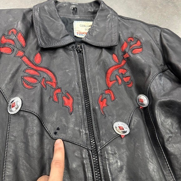 Vintage 90s Black + Red Suede Embroidered Leather Biker Jacket Size Mens Small