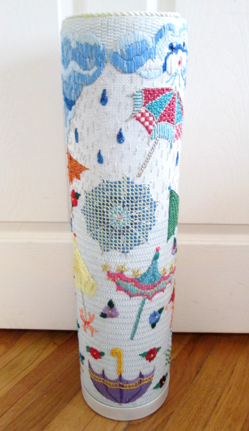 Vintage Umbrella Stand Embroidery Handmade Sequins 25in Needlework