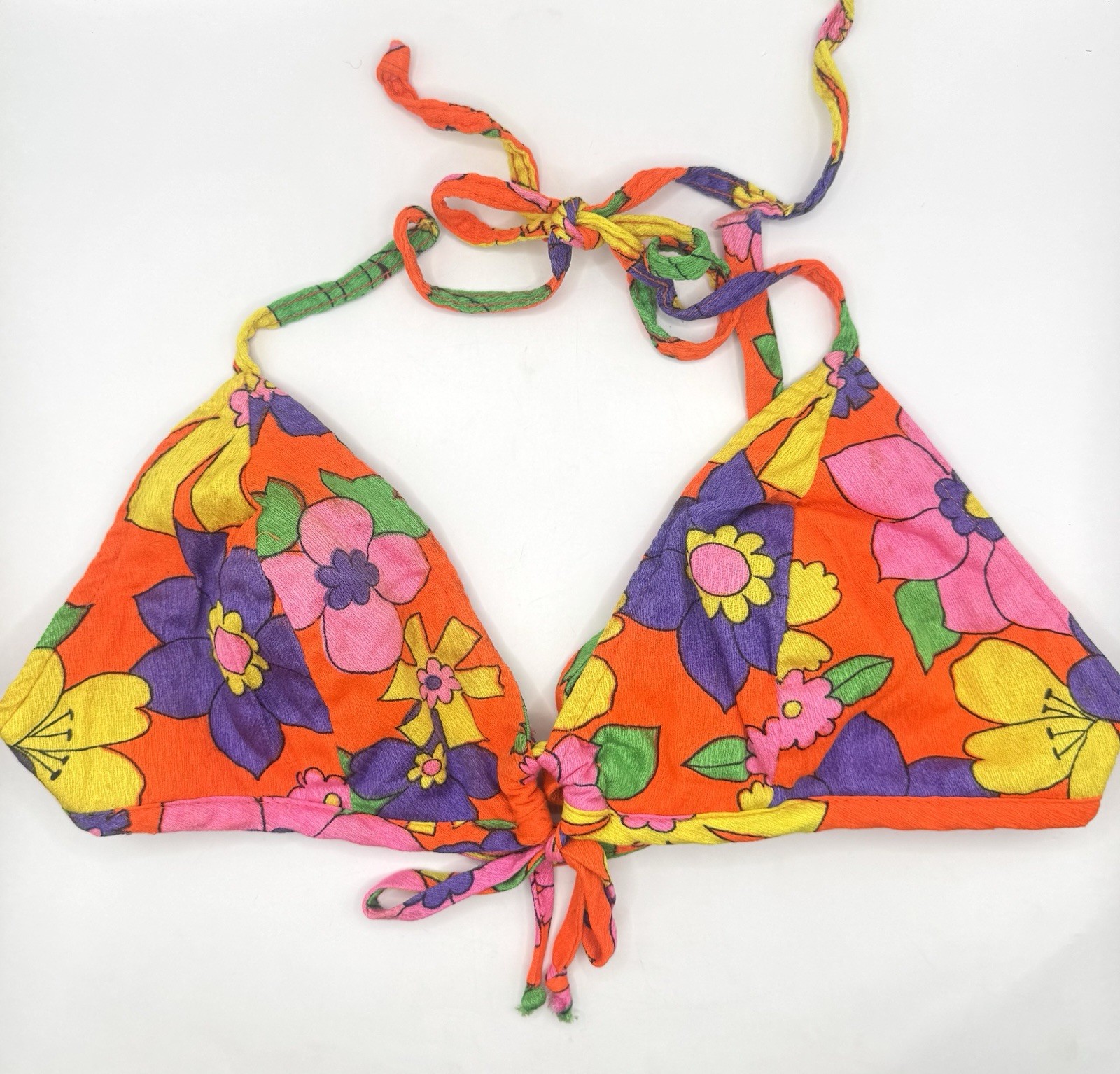 Vintage 70’s SZ M Flower 🌺Power Triangle Halter Tie Bikini Swimsuit Top EVC