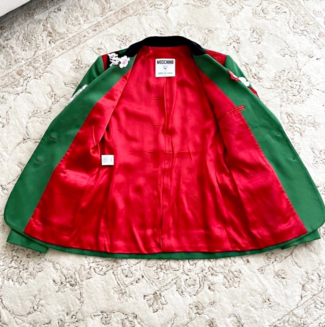VTG Moschino Couture Red & Green Lace Appliqué Blazer Italy Size 6 US 1990’s