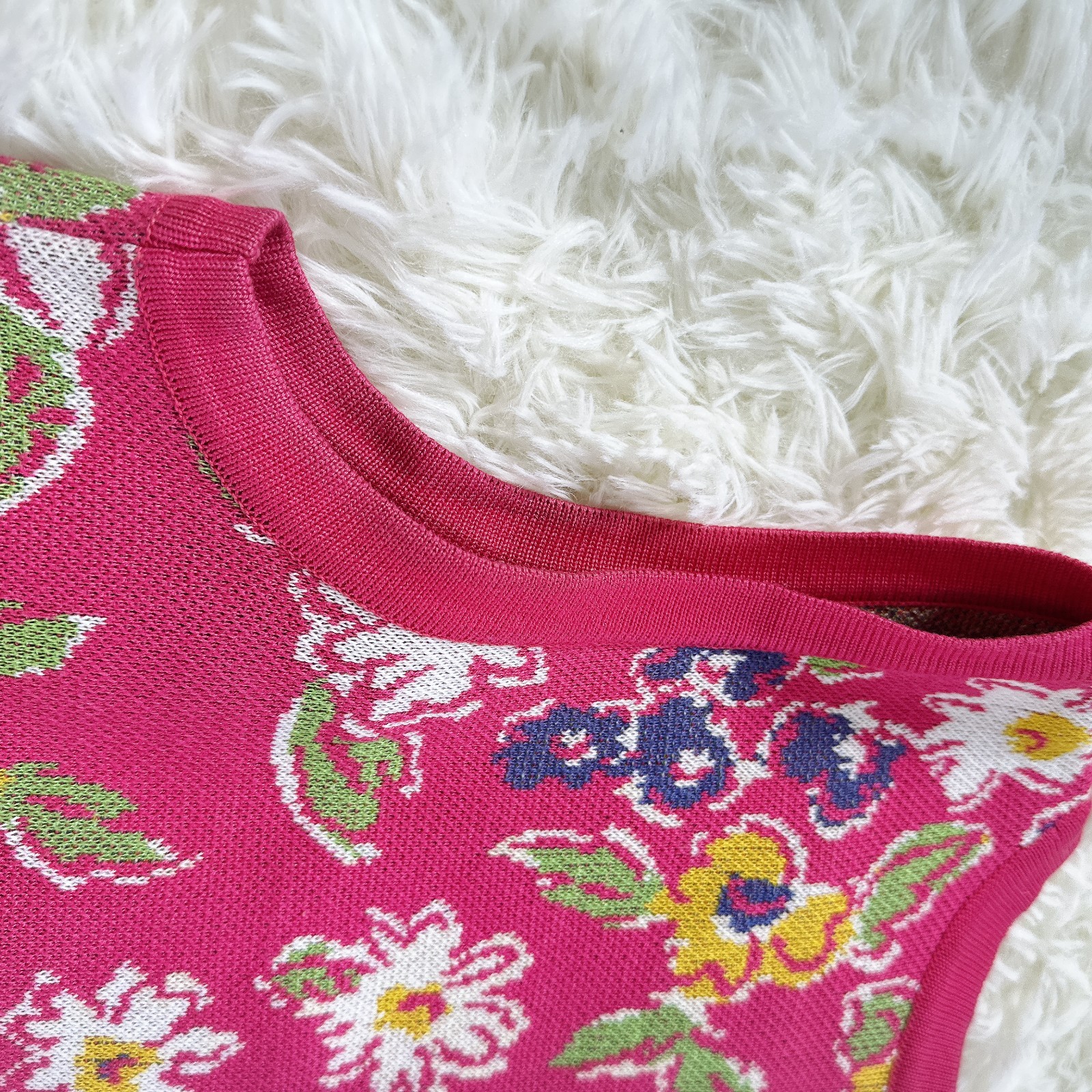 Vintage Yves Saint Laurent Paris Floral Knit Dress Cardigan Set Pink M