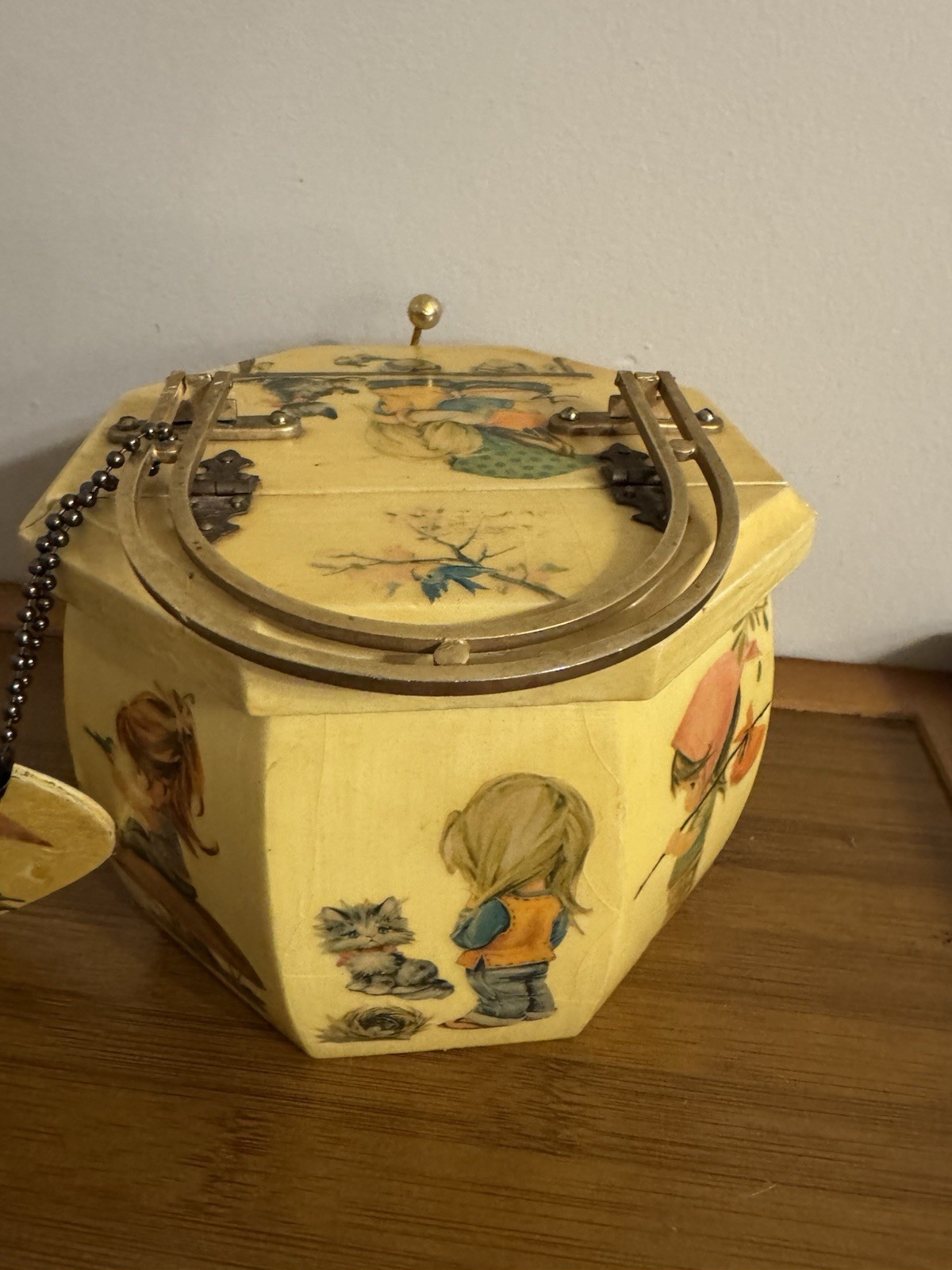 vintage 70s decoupaged wooden box purse classic illustrations by Betsy Clark