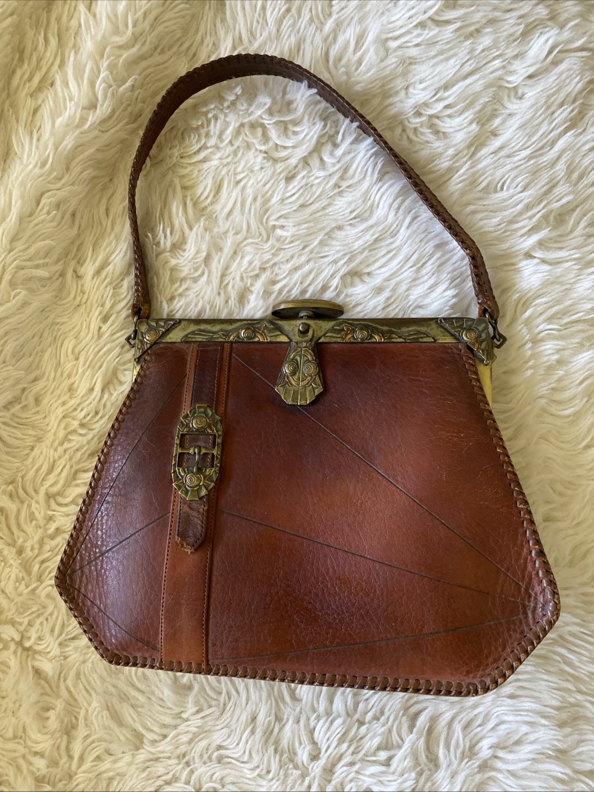 Antique 1920’s Meeker Hand Tooled Floral Leather Petite Handbag Art Nouveau