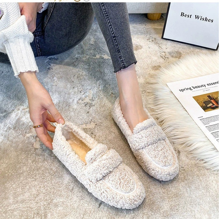women fashion casual shoes flat faux fur warm shoes comfort lazy shoes