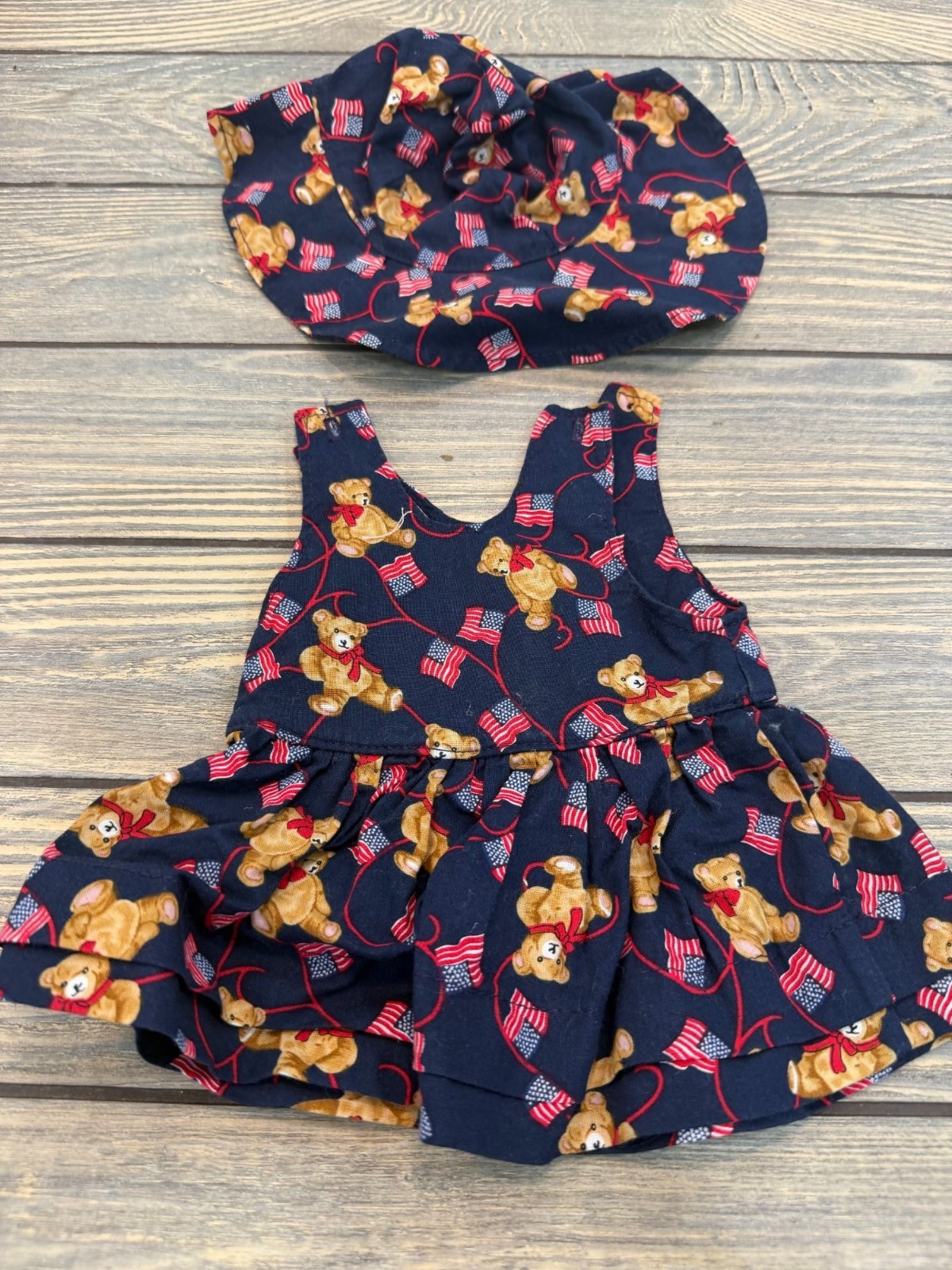 15″ Baby Doll Patriotic Dress & Hat Set Teddy Bear & Flag Print Navy Red White