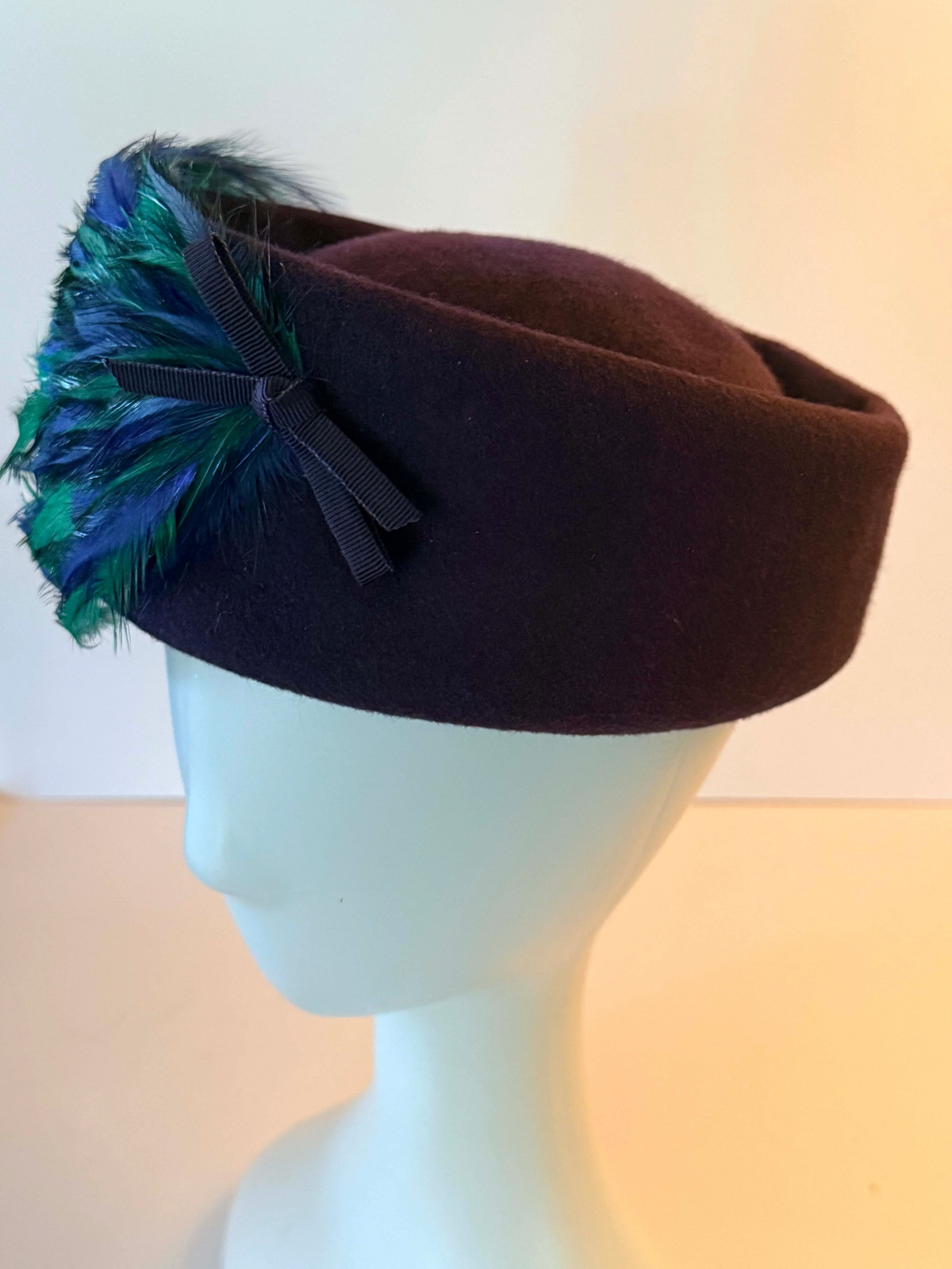 Vintage Gage Original Pillbox Hat 1950s Eggplant Wool Feather Cocktail Hat Blue