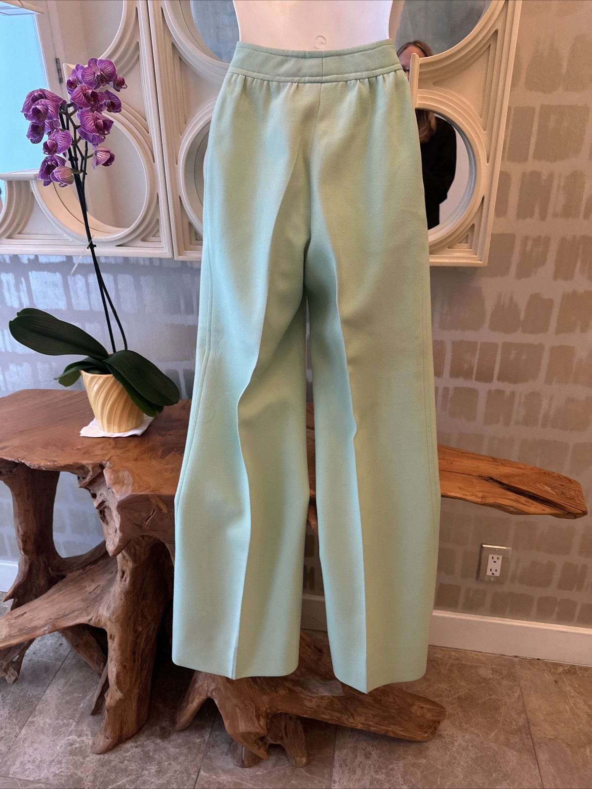 Courreges Hyperbole From I Magnin 70s High Waist Wide Leg Green Wool Trousers XS