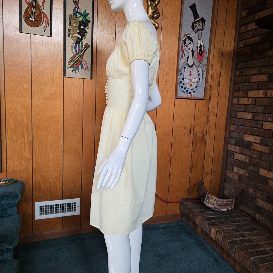 Vtg 1950s Milkmaid Lemon Swiss Dot Circle Skirt Off Shoulder Party Dress XS/S P