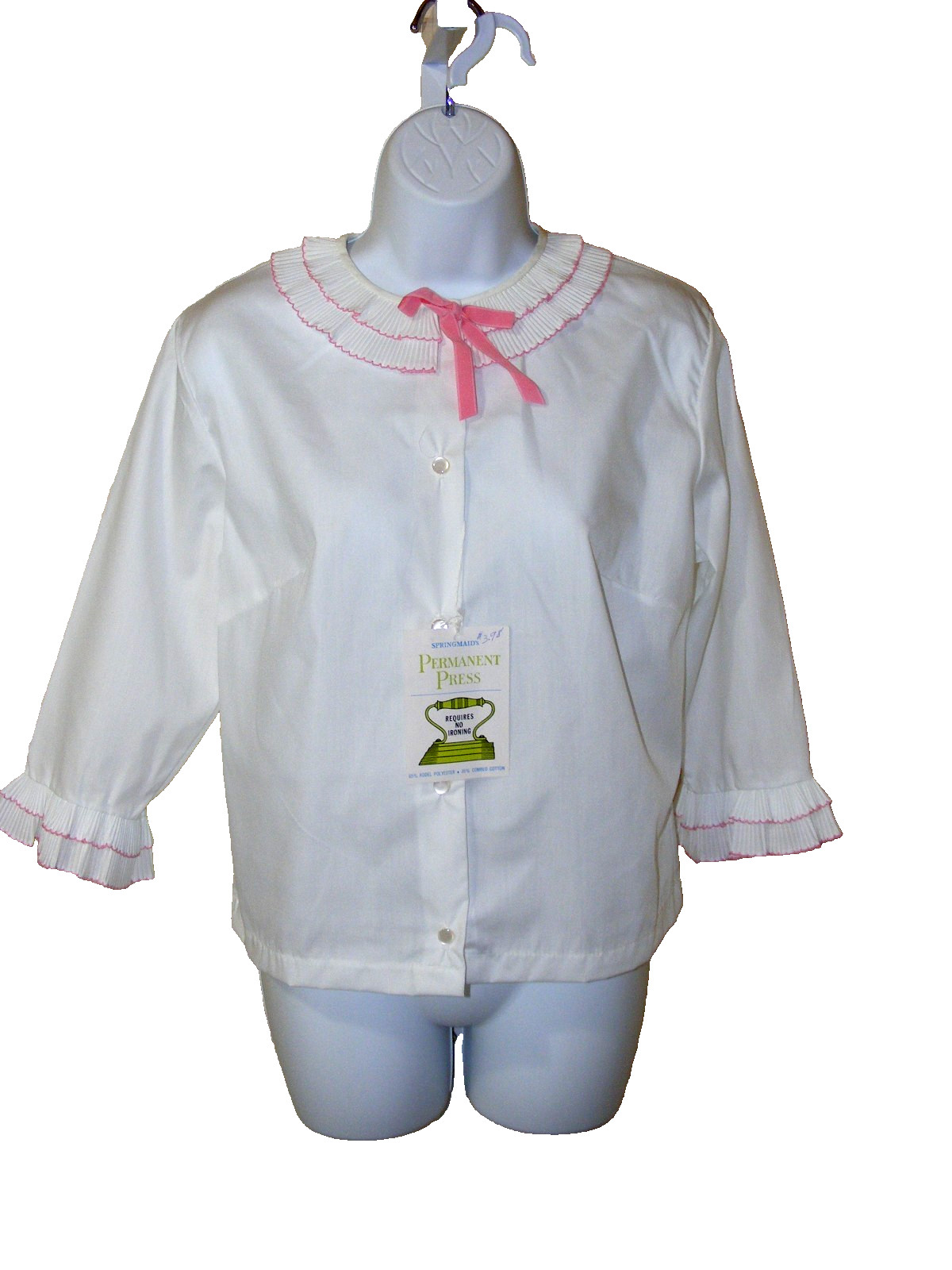 60s BLOUSE WHITE POLYCOTTON BUTTON UP SHIRT RUFFLE COLLAR 3/4 SLEEVE CROPPED S34