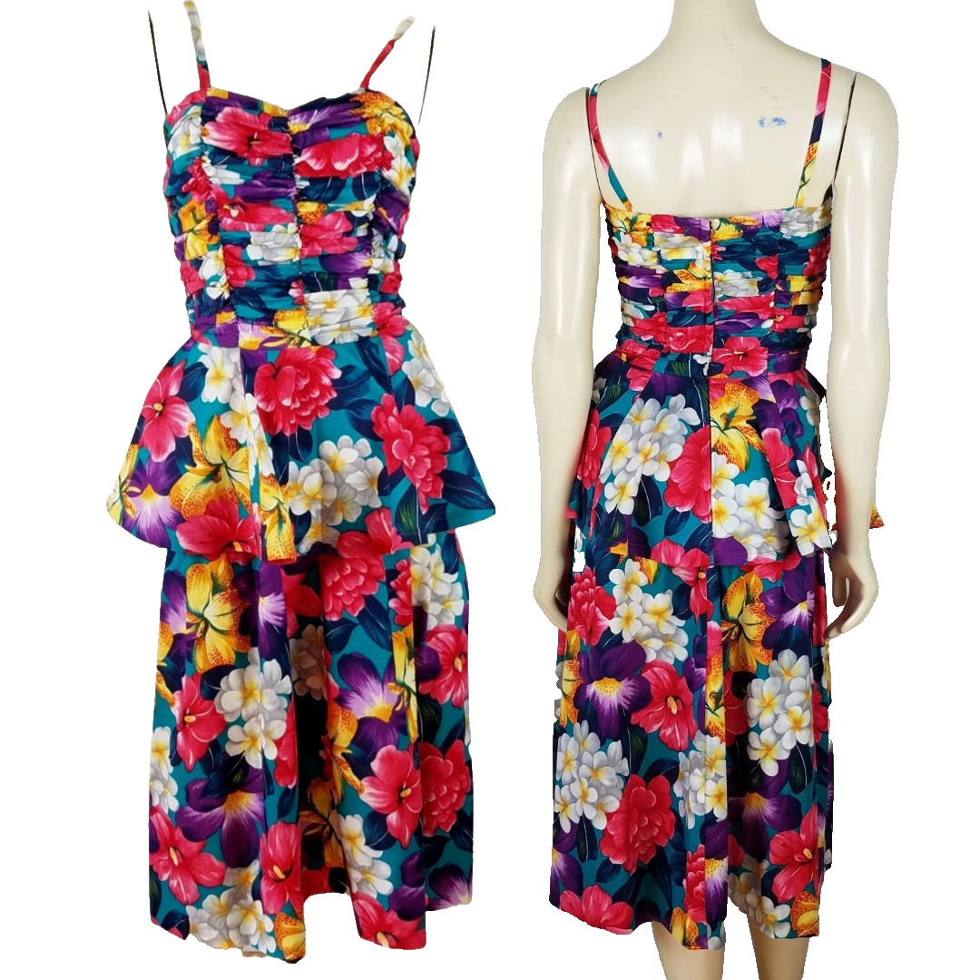 BRENNER Vintage Peplum Floral Bright Colored Multi-colored dress size 7/8