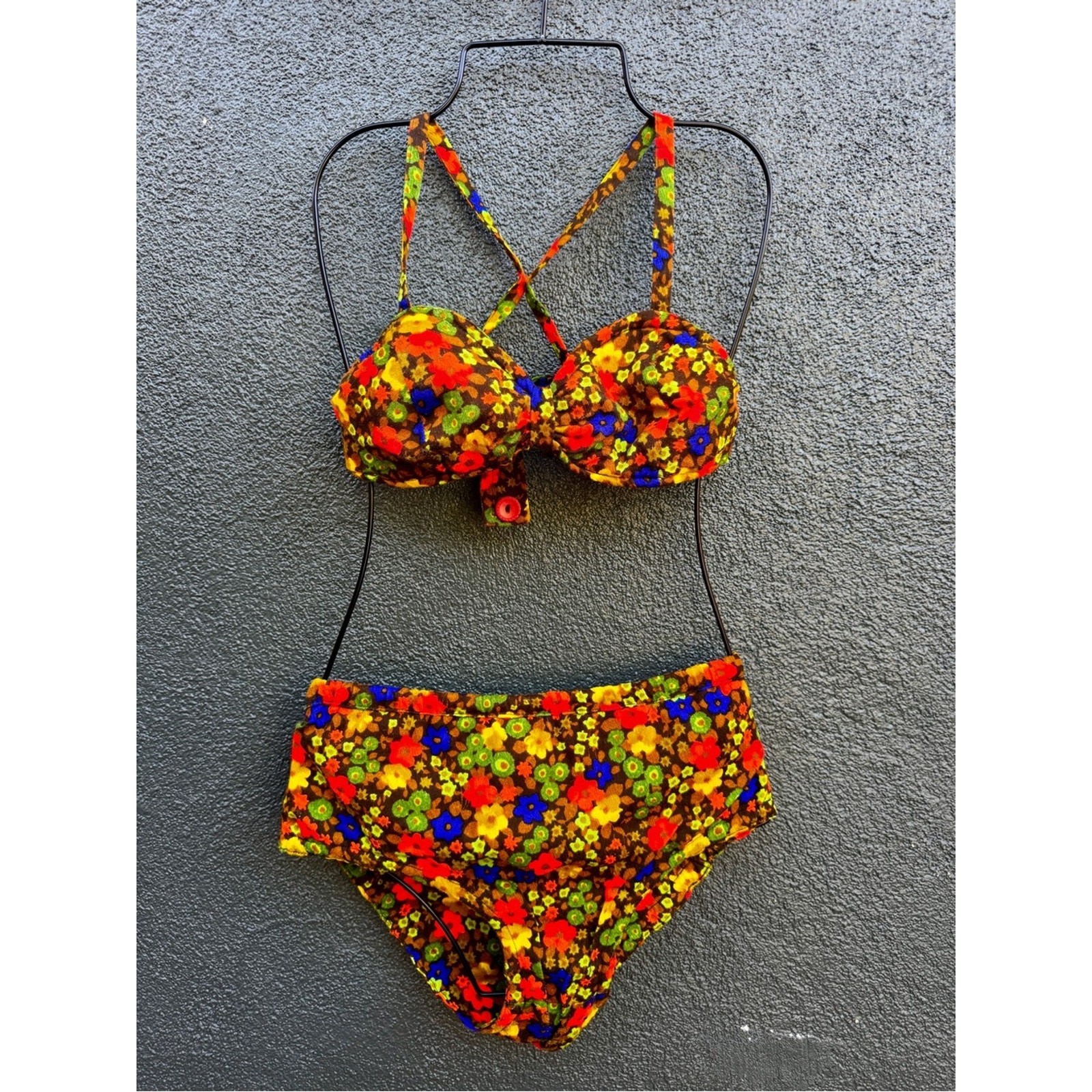 70s Vintage Bright Floral Bark Cloth Bikini Sz M
