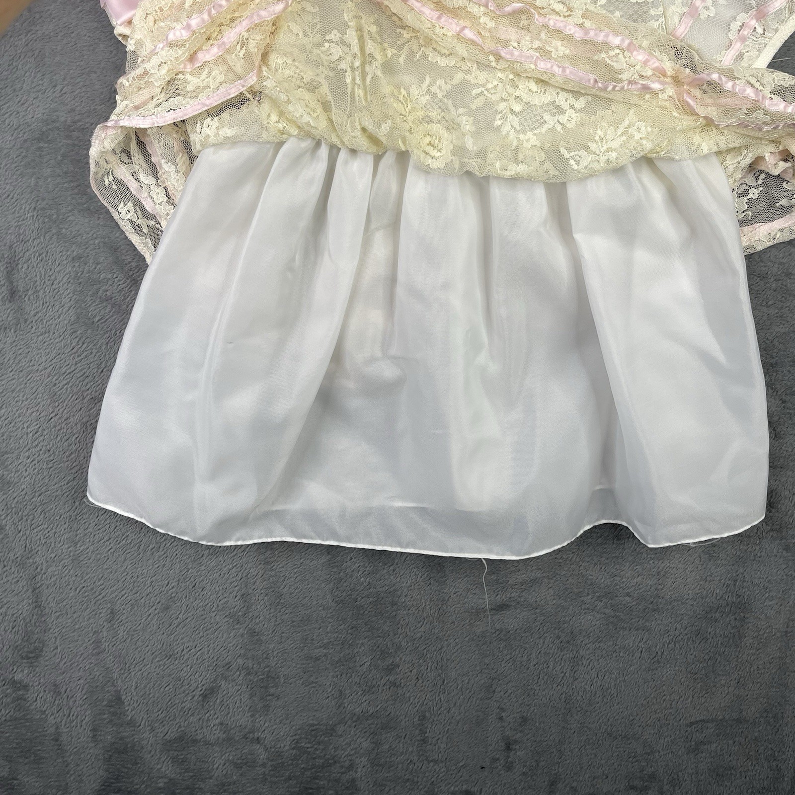 Vintage Baby Sheer Dress Girls 3T Pink Floral White Lace Bow Ribbon Party 70s