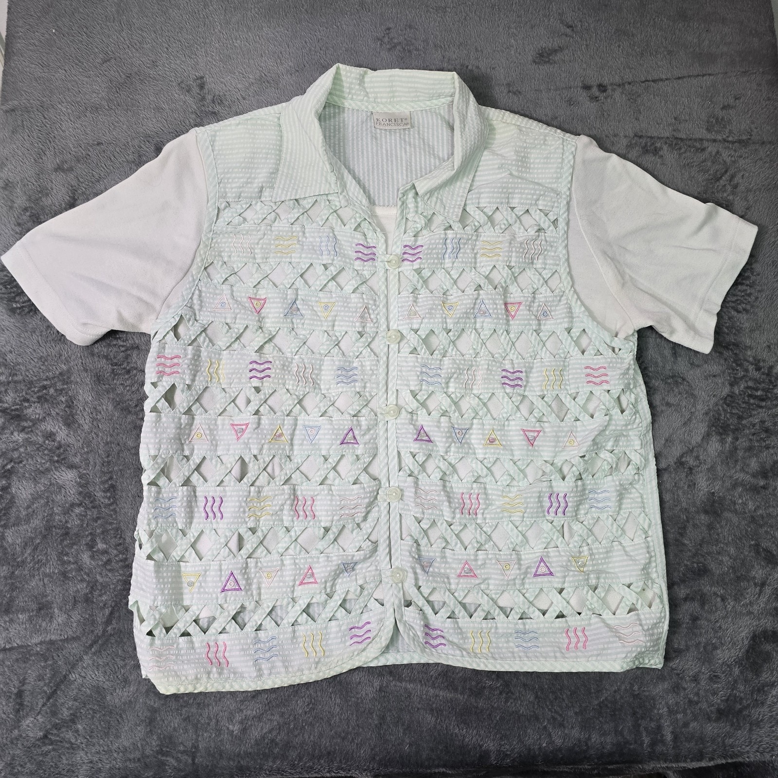 Vintage Lattice Cutwork Blouse Womens M Embroidered Seersucker