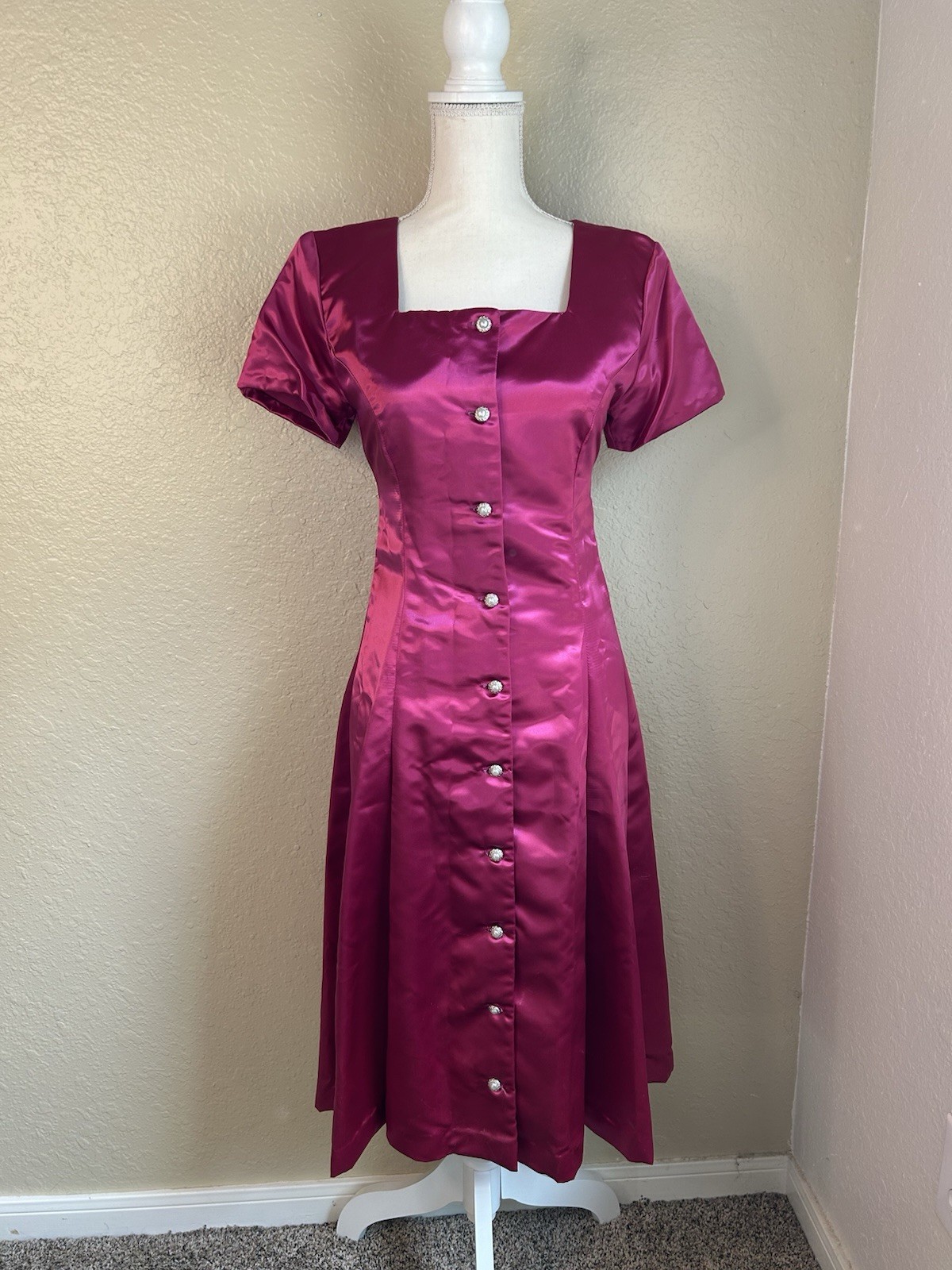 Vintage Handmade Fuschia Satin 1960s Midi Dress With Adjustable Bow Tie Cinch