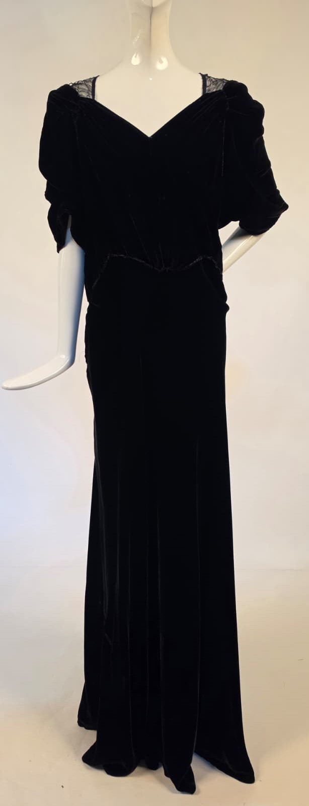 LATE 1930’S SILK VELVET LONG DRESS W LACE BACK – AS ACQUIRED