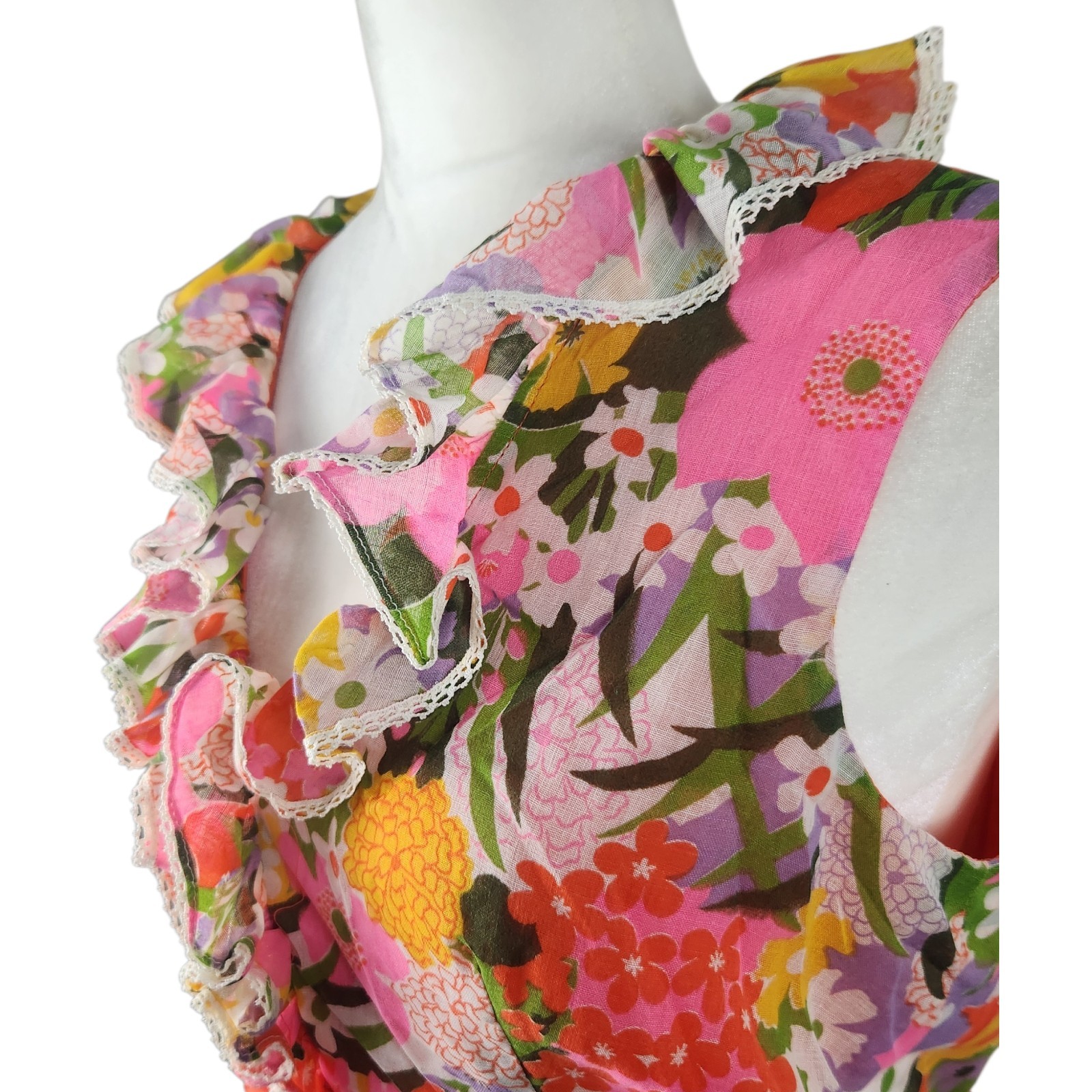 60s True Vtg Miss Elliette Garden Party Sleeveless Maxi Dress LARGE Bow Orange