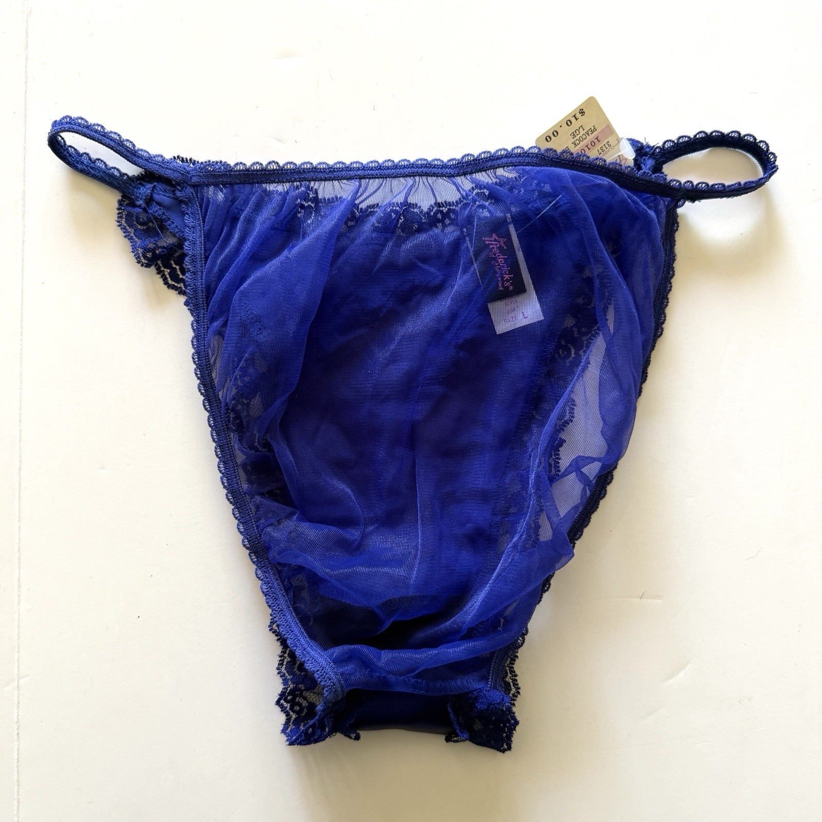 VTG Fredericks Of Hollywood Blue String Bikini Panties Large Beads Lace Satin