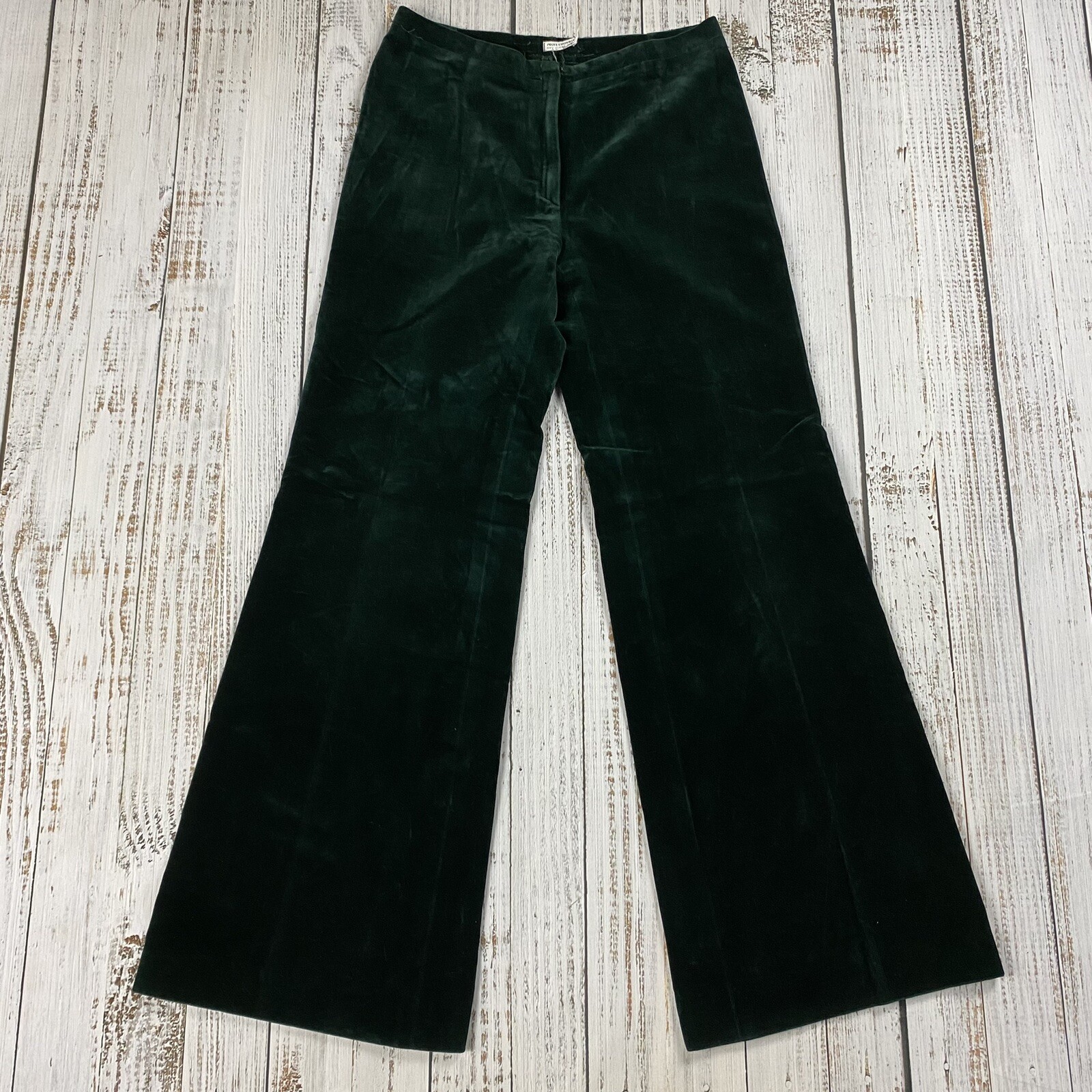 TRUE VTG 60S VELOUR HIGH RISE ZIP BELL BOTTOM PANTS FORREST GREEN HIPPY 29×31