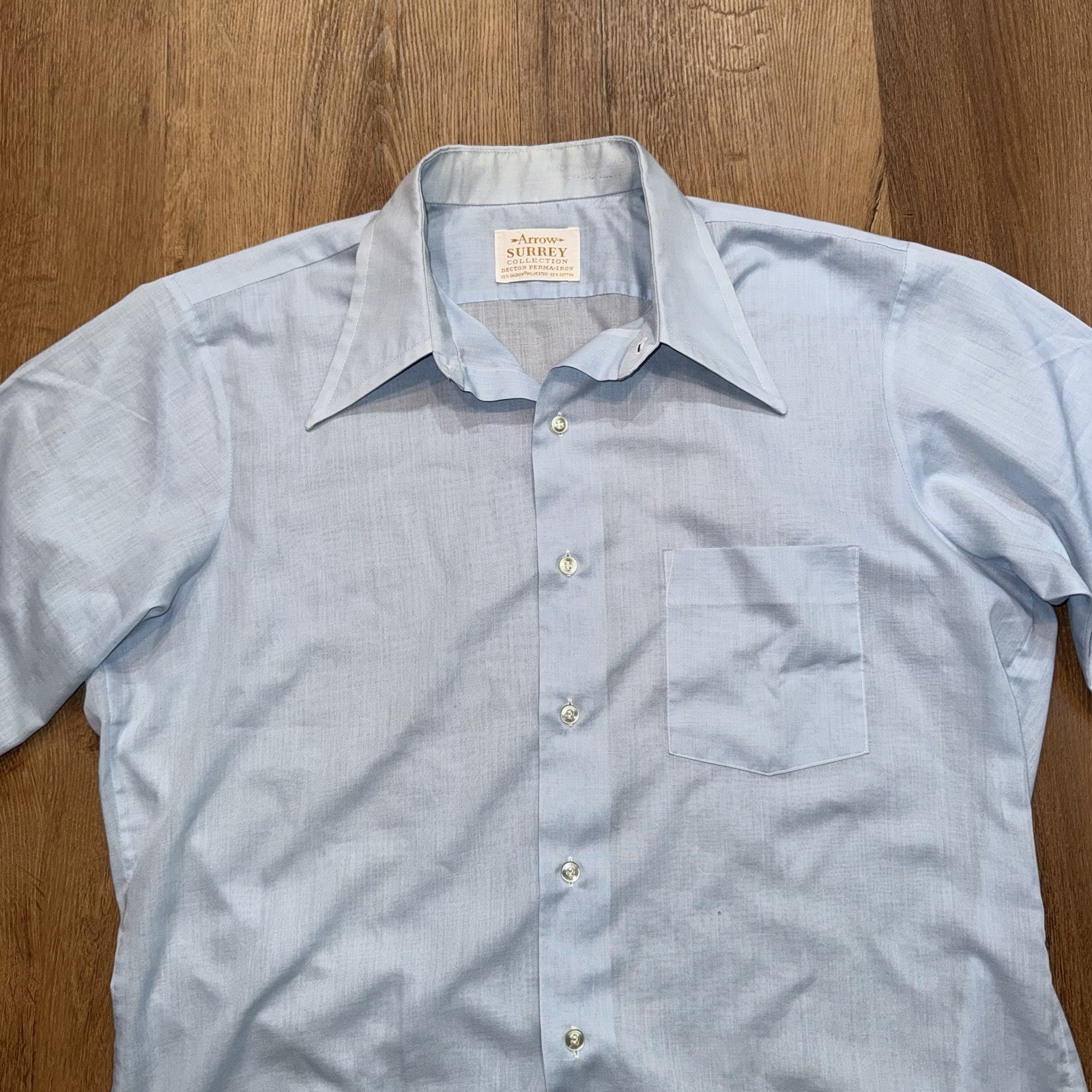 Vtg 60s 70s Arrow Dress Shirt Sanforized Light Blue Dagger Collar USA Mens Large