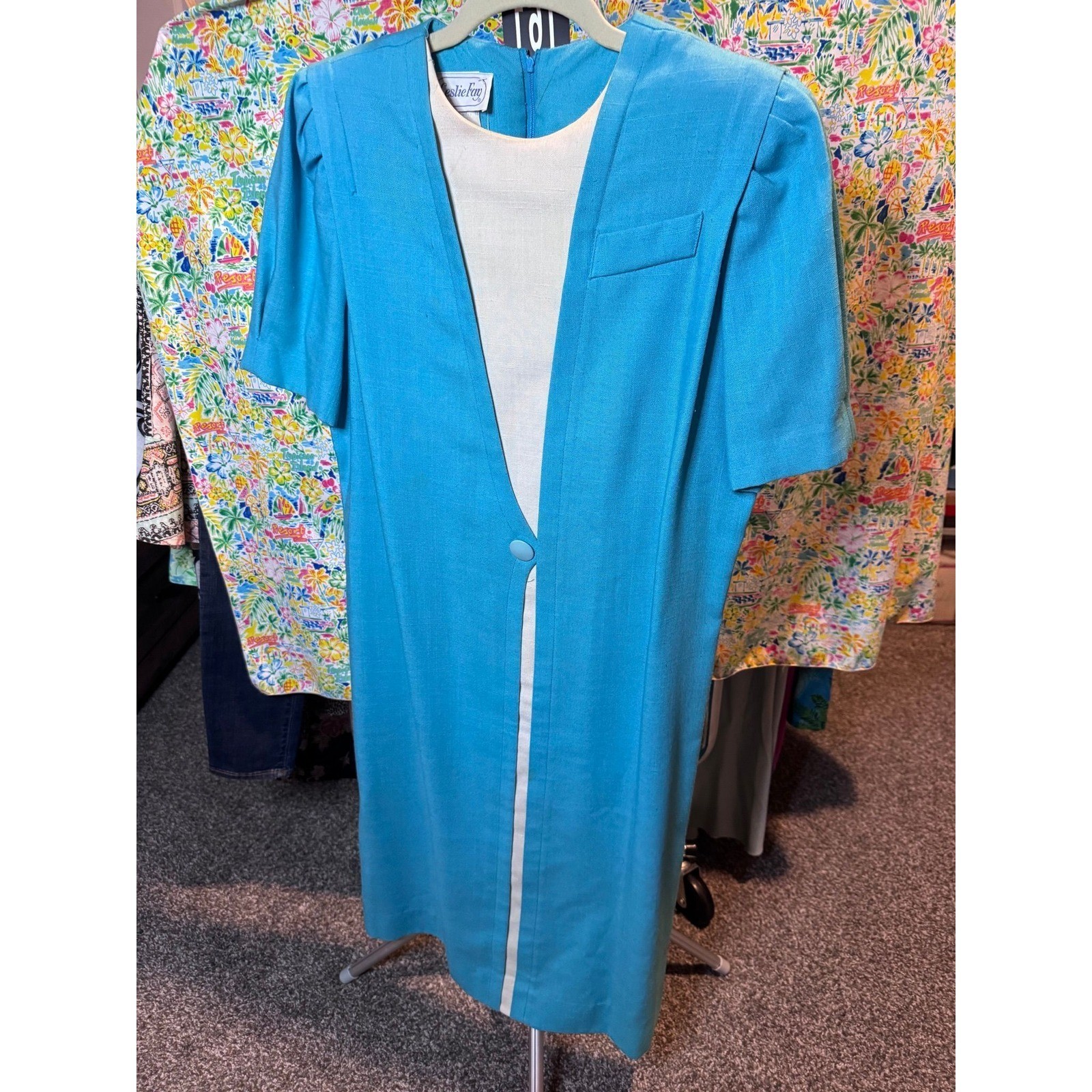 161 Vintage Leslie Fay Turquoise Blue Sheath Dress Union Made USA Size 16 Retro