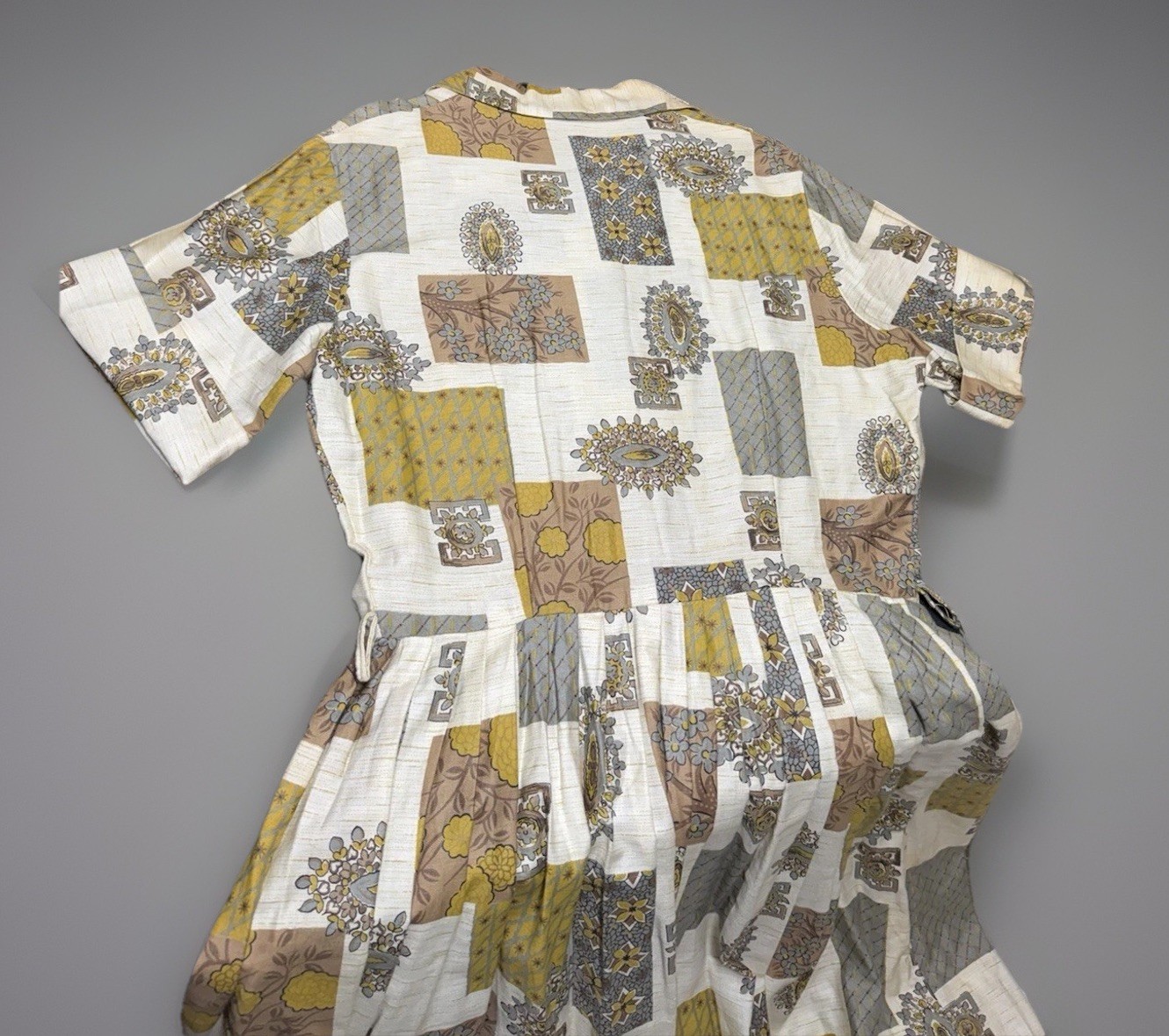 Vtg 60s Patchwork Shirtwaist Dress W/ Belt Mod Pleated Handmade M/L NOS