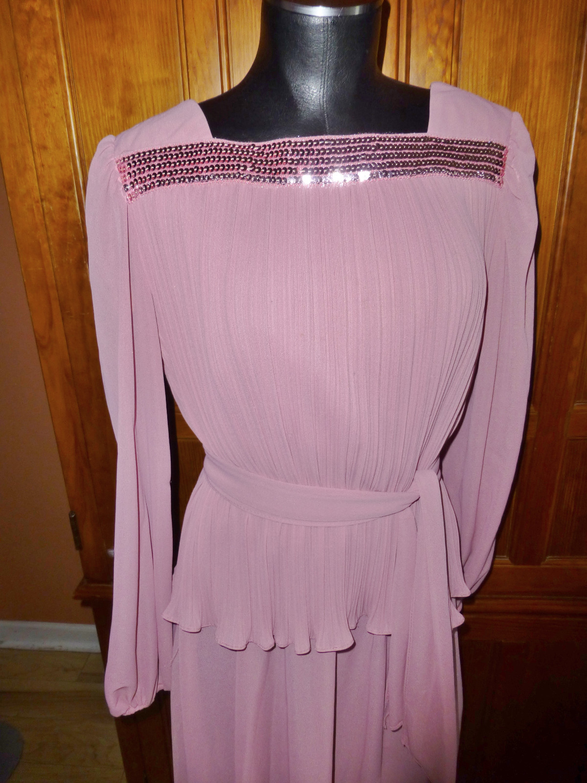 VTG 70s Sheer Dusty Rose Pleat Sequin Cocktail Secretary Evening Belted DRESS