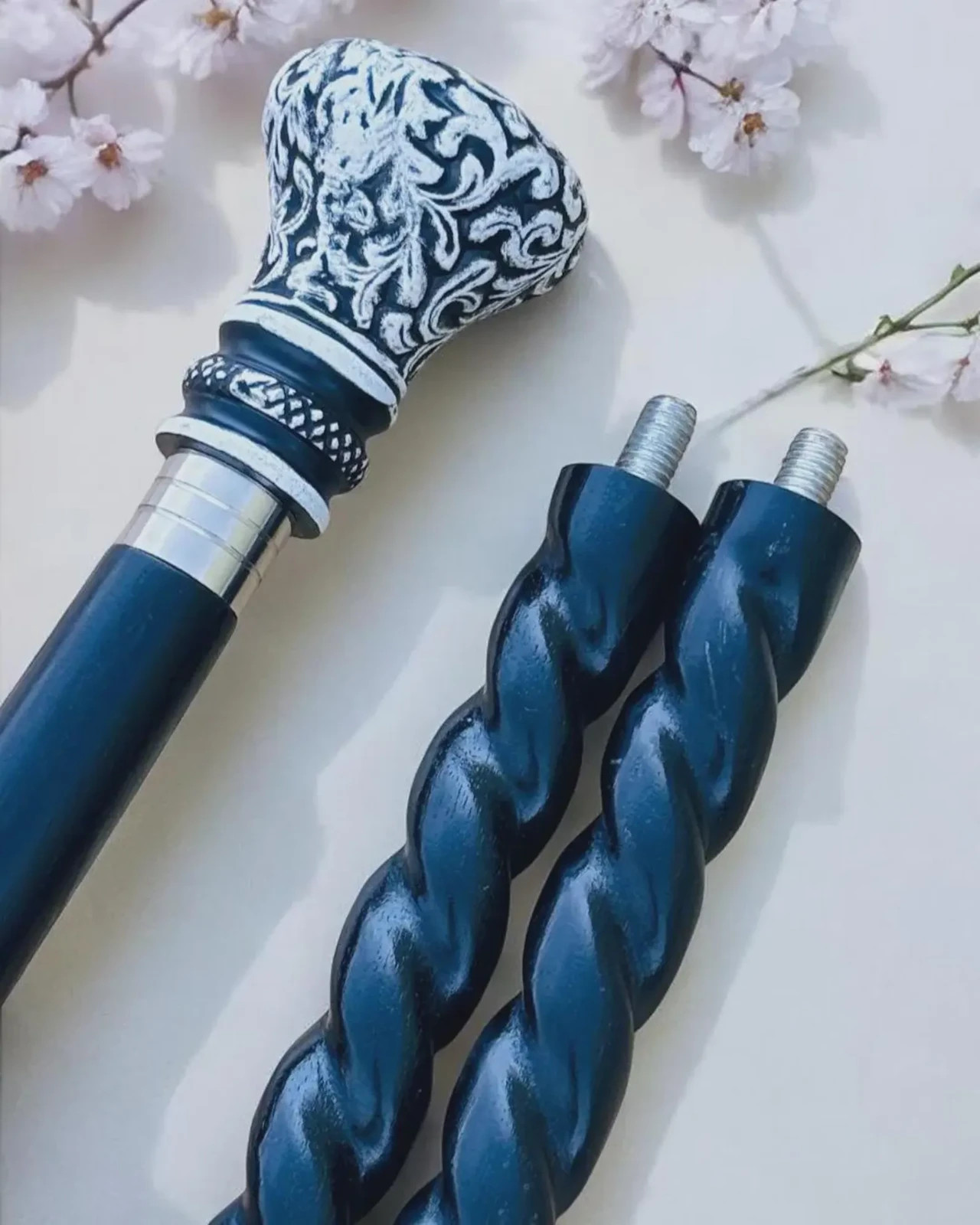 Vintage walking cane,silver derby handle cane,floral Black Spiral walking stick,