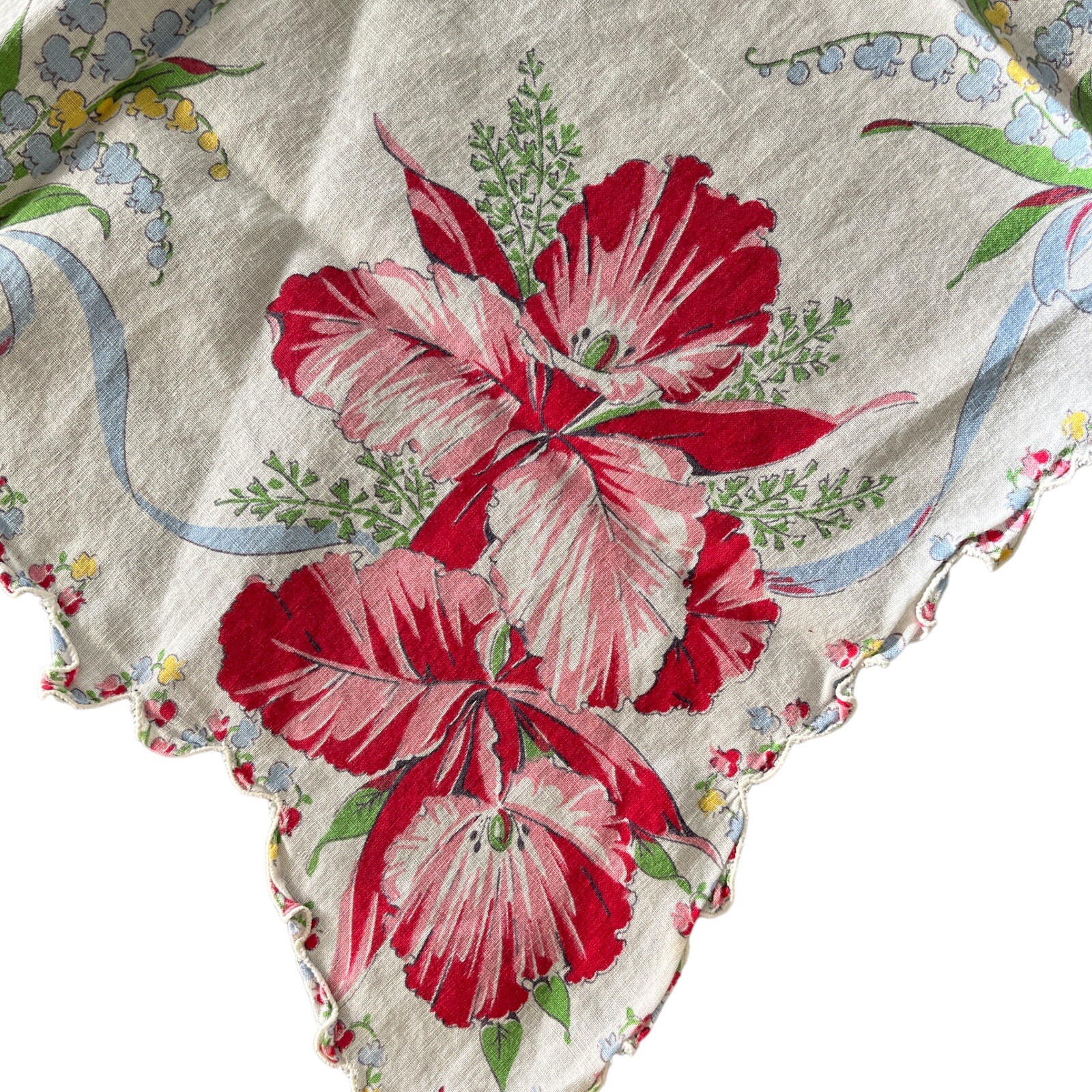 Vintage White Handkerchief Tropical Floral and Ribbon Scalloped Edge Trimmed