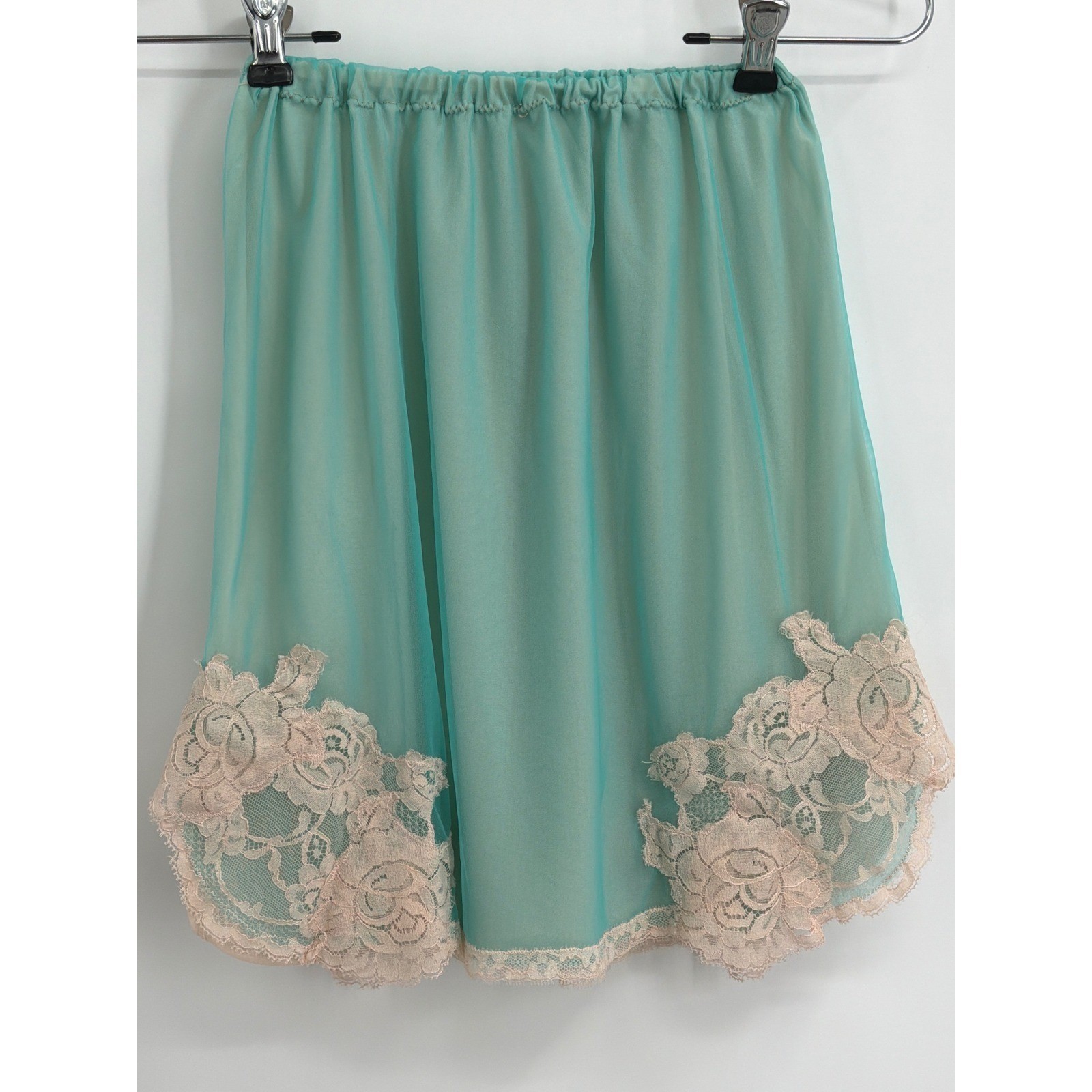 Vtg XS Teal Mesh Half Slip Skirt Peach Floral Lace Trim Elastic Waist Lingerie
