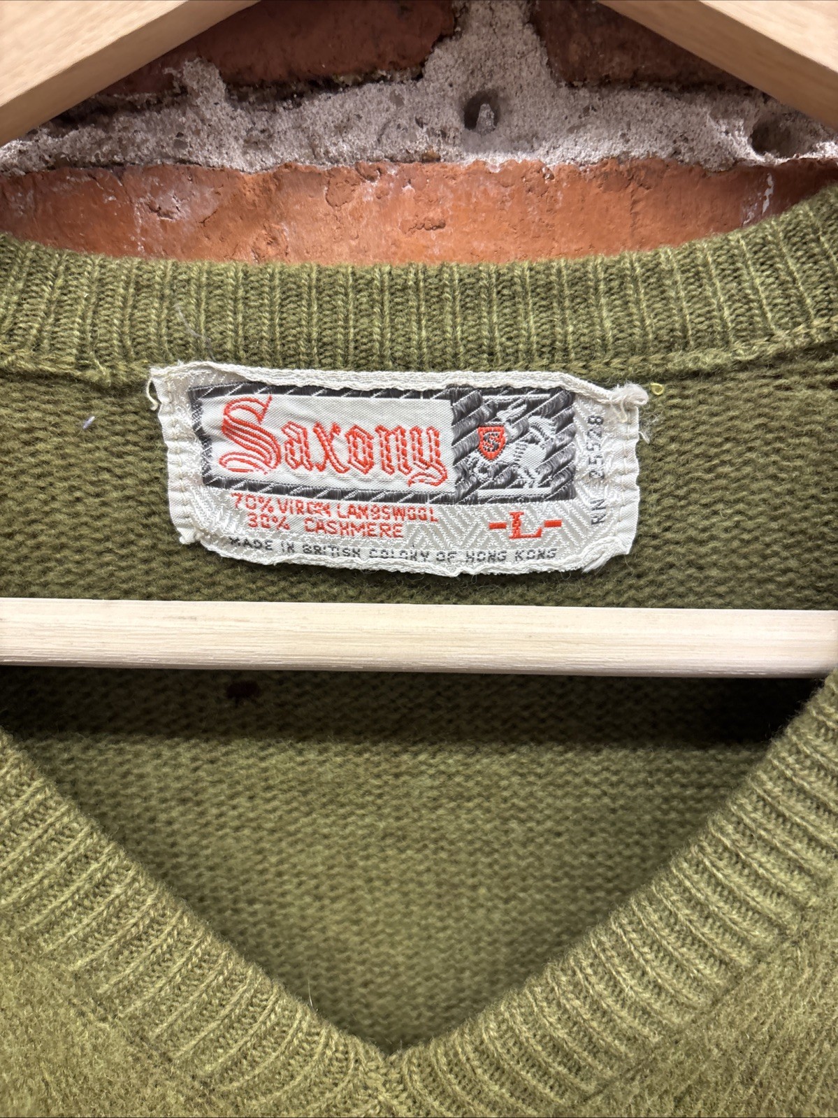 Vintage 60s Saxony Cashmere Lambswool Sweater L Green V-Neck Grunge