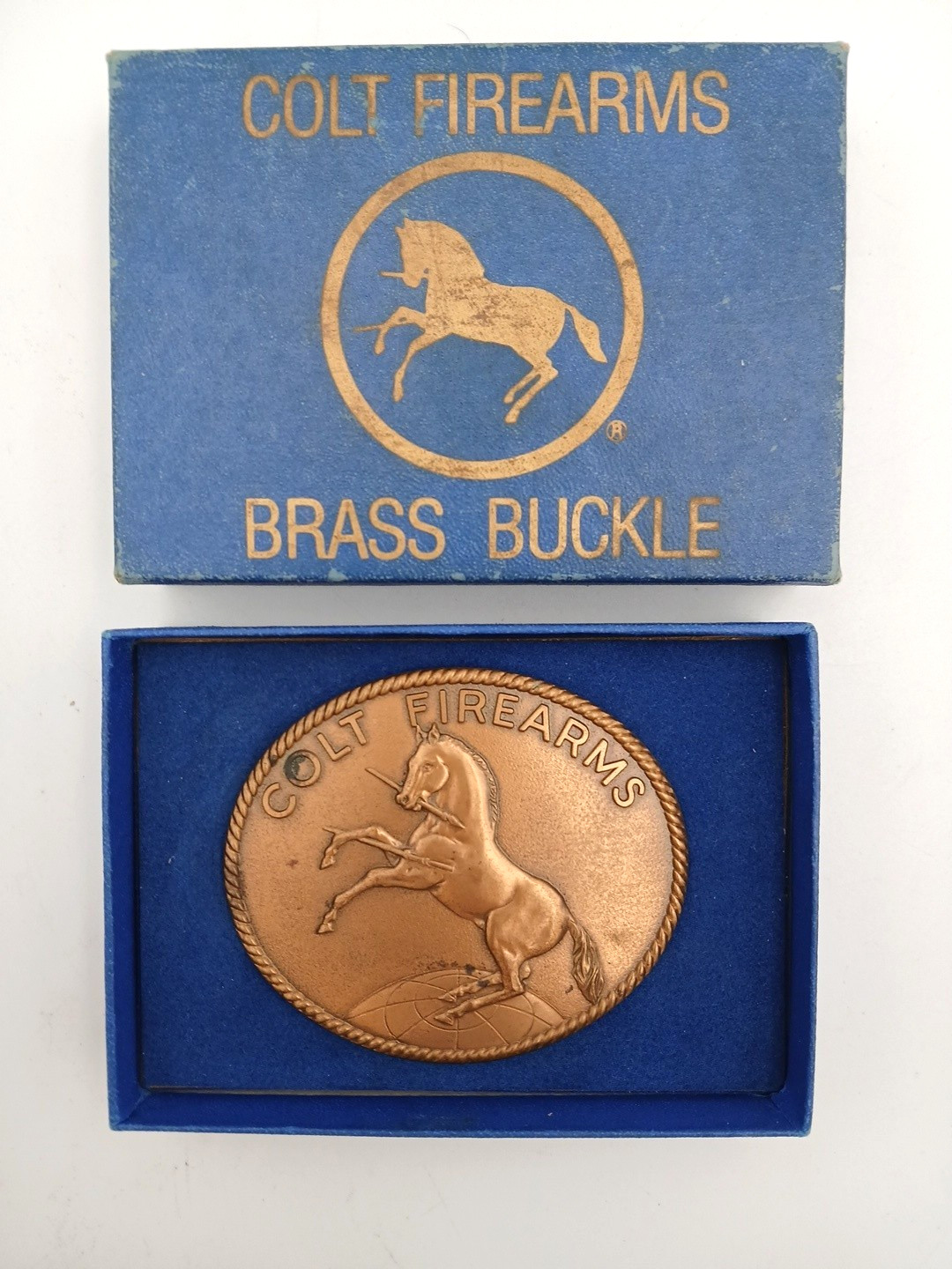 Vintage Medium Oval Colt Firearms Brass Belt Buckle Rearing Horse Sam Colt